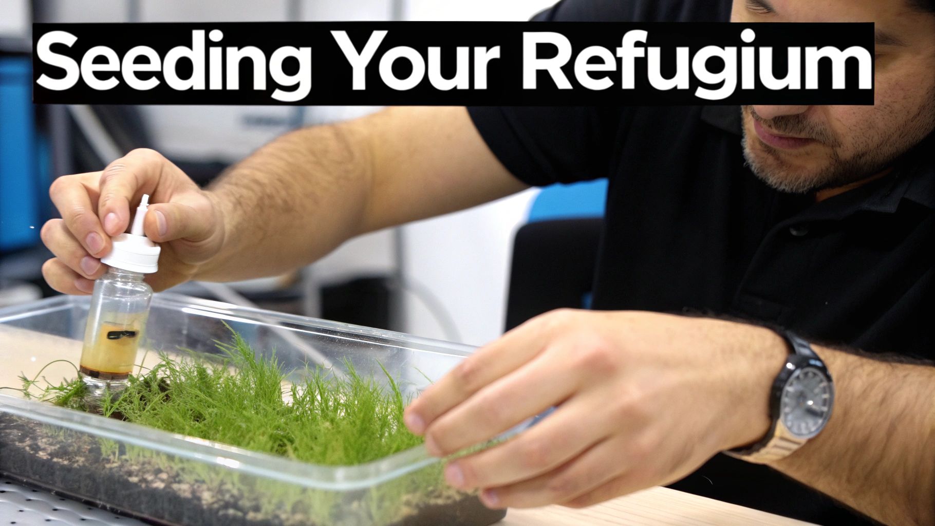 A person seeding a refugium, adding liquid from a bottle to a clear container with green algae.