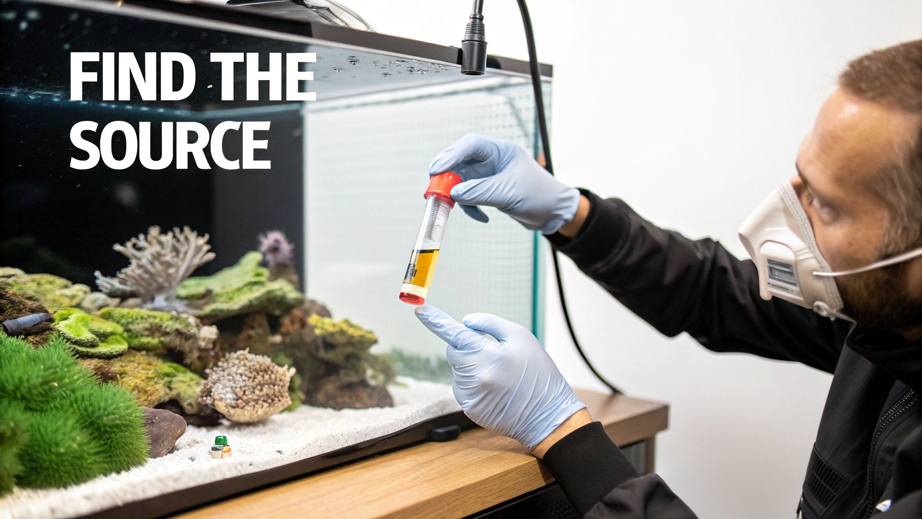 A masked person in gloves tests water from a saltwater aquarium to find the source of an issue.
