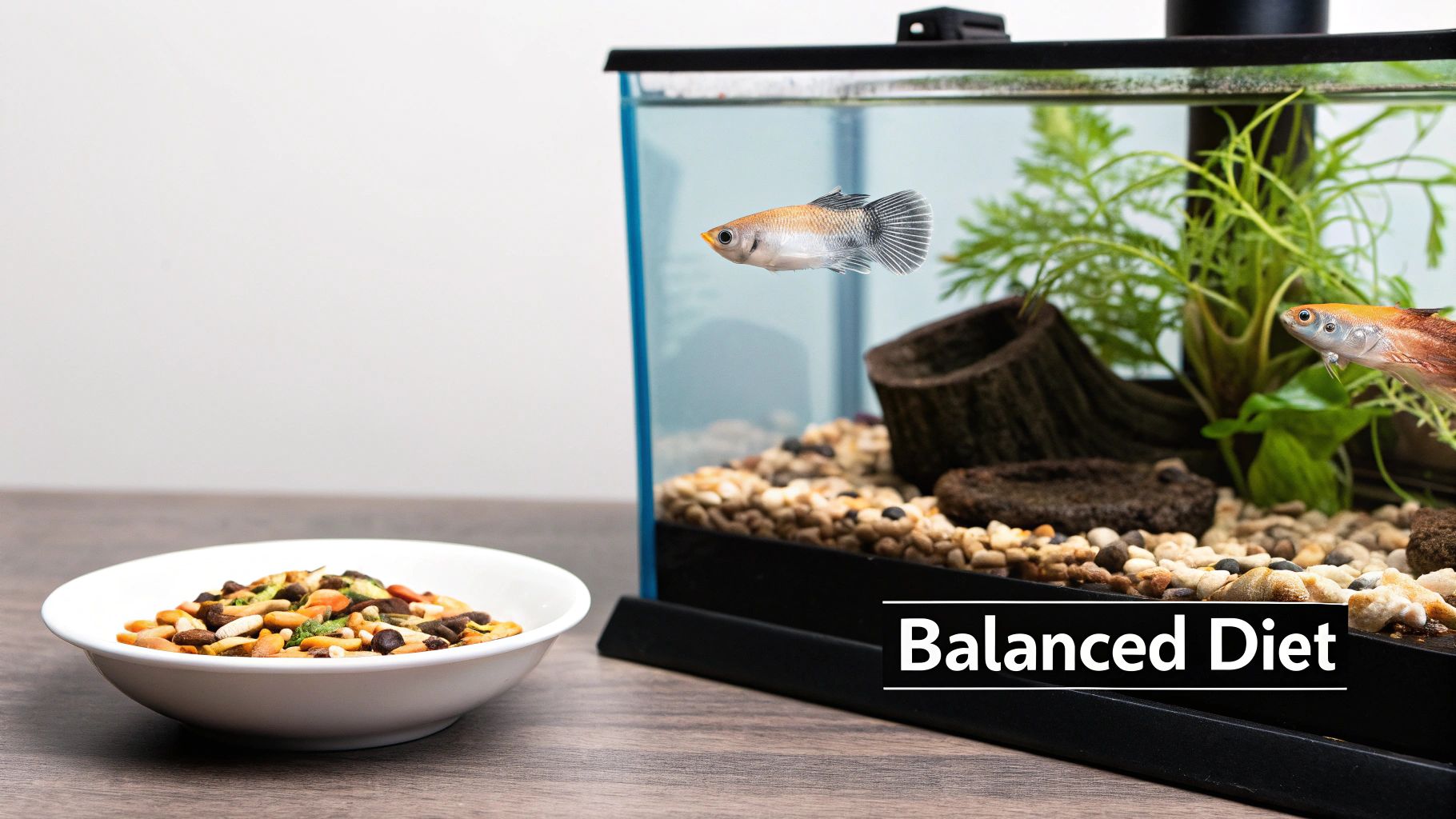 A group of colorful guppies swimming near the surface of a planted aquarium, eagerly awaiting food.