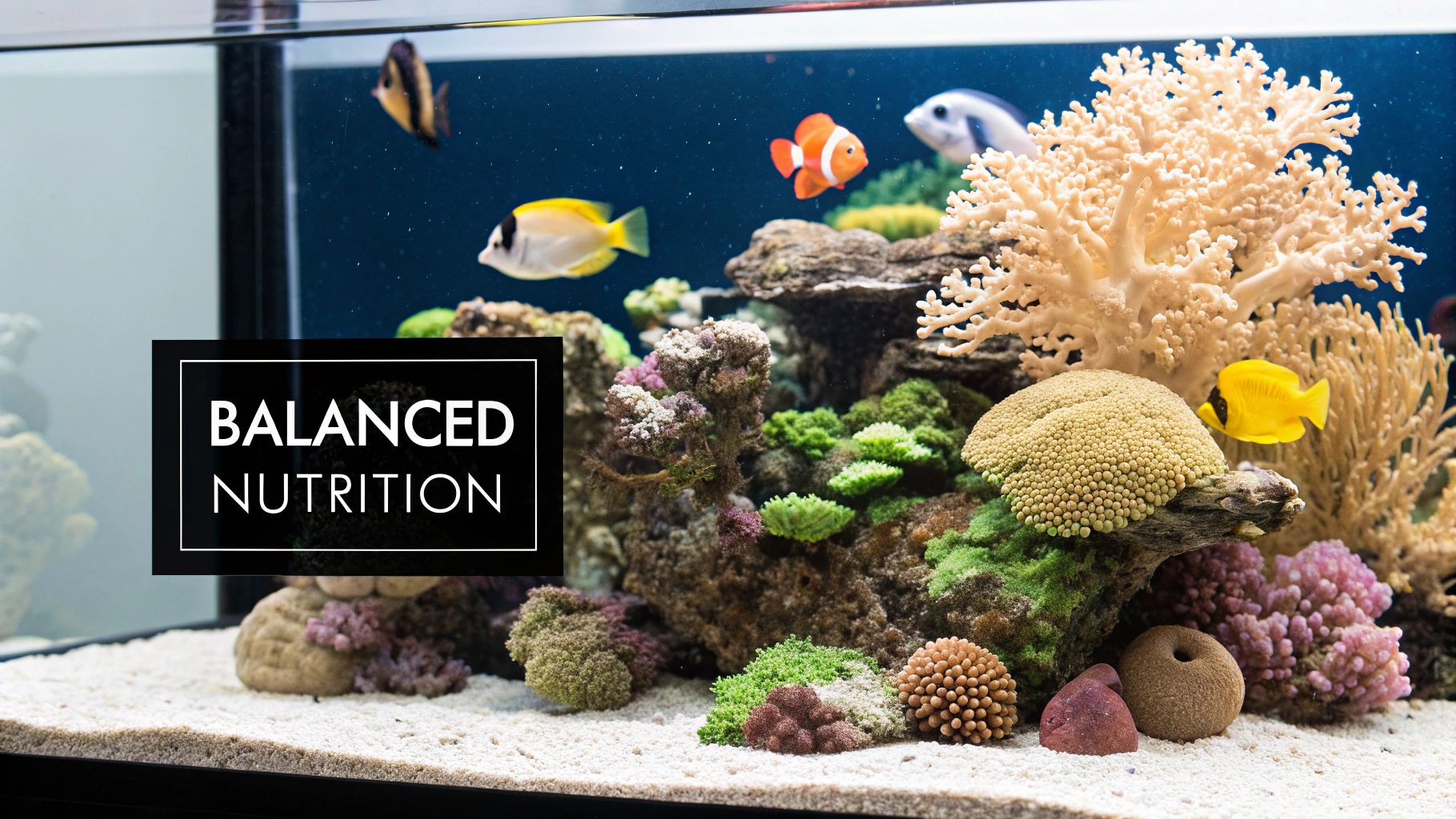 A vibrant saltwater aquarium with colorful fish and diverse coral reef, suggesting balanced nutrition.