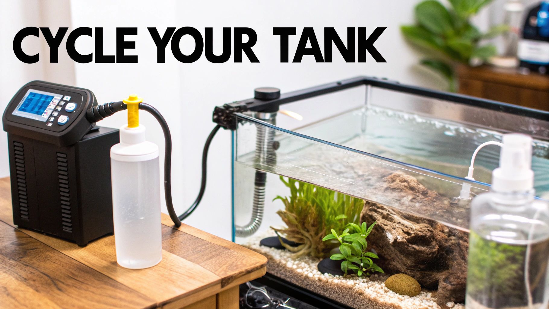 Aquarium setup with plants, rocks, water filter, and a bottle on a wooden table, reading 'CYCLE YOUR TANK'.