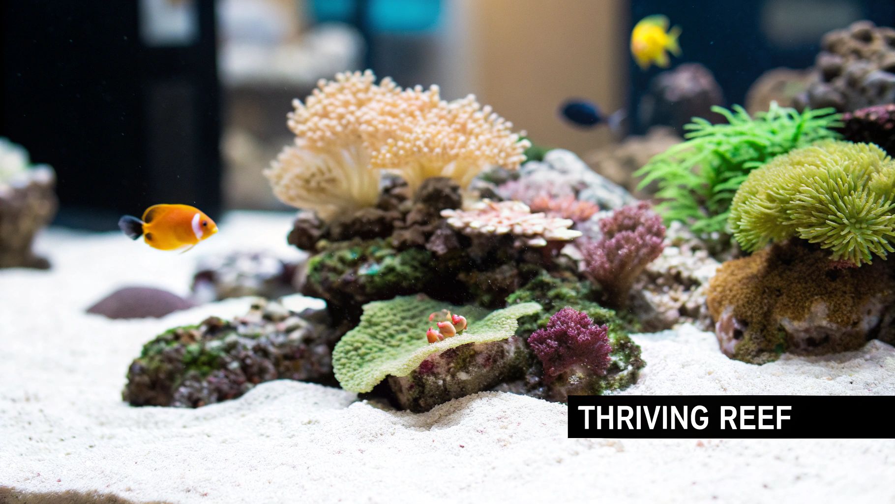 A vibrant coral reef aquarium with various colorful corals and tropical fish, including an orange fish.