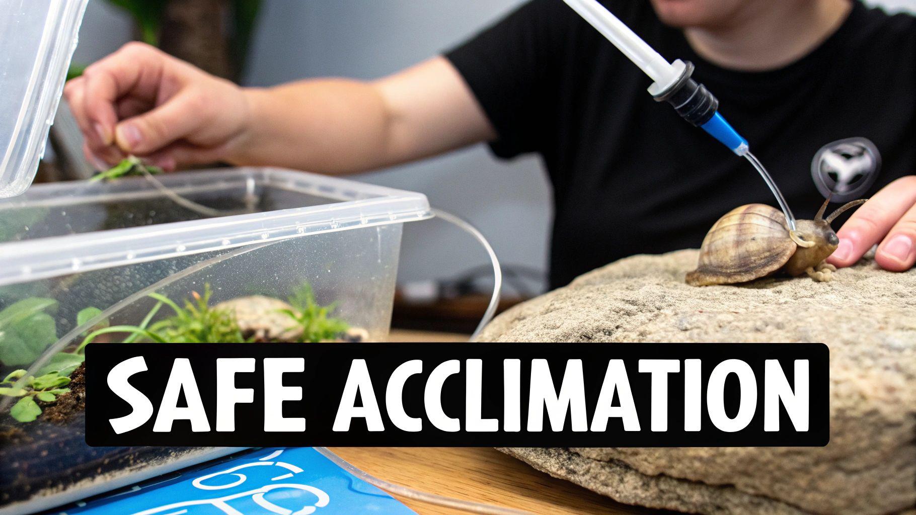 A person carefully acclimates a snail on a rock using a drip method from a syringe, with a clear container in the background. Text overlay: SAFE ACCLIMATION.