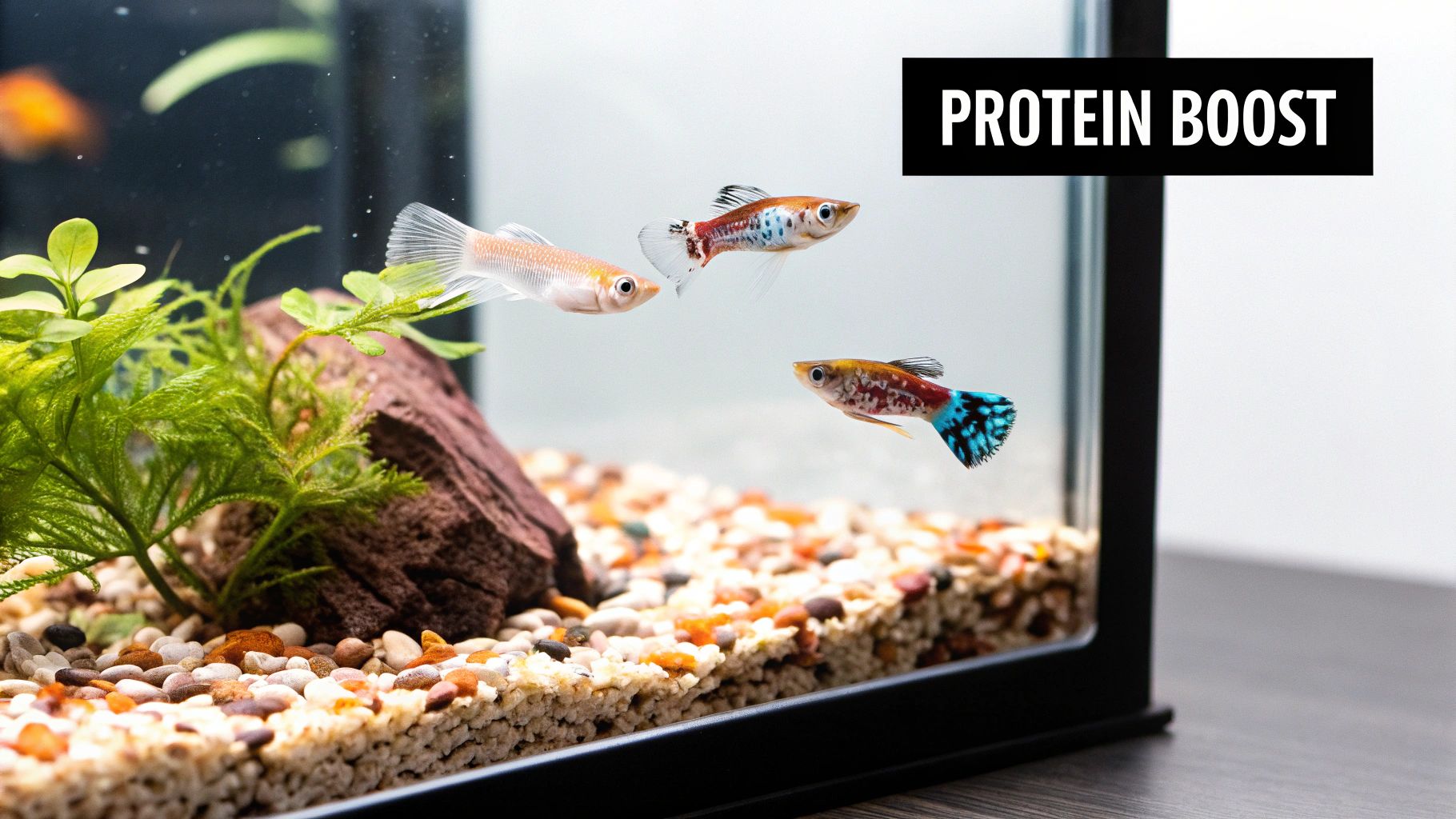 A close-up of a guppy eagerly eating a bloodworm in a well-lit aquarium.