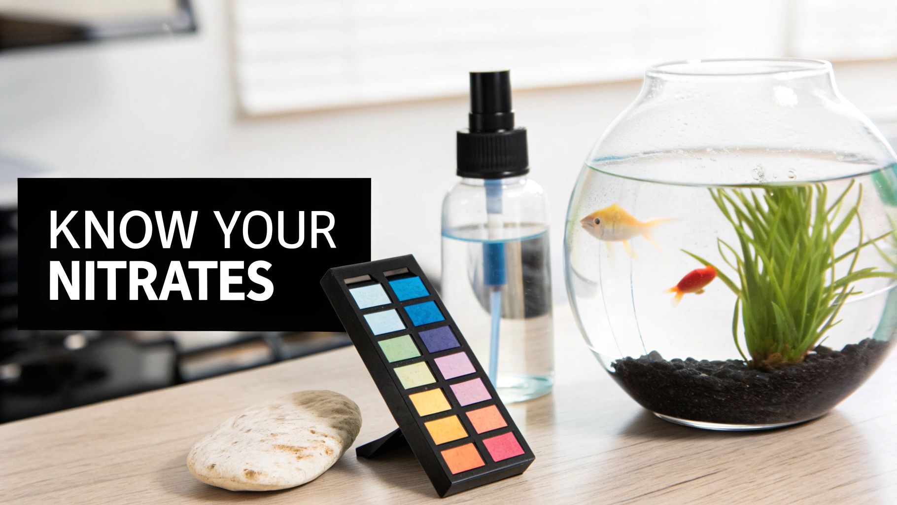 Aquarium supplies on a wooden table, including a fishbowl with two goldfish, water testing kit, and a 'KNOW YOUR NITRATES' banner.