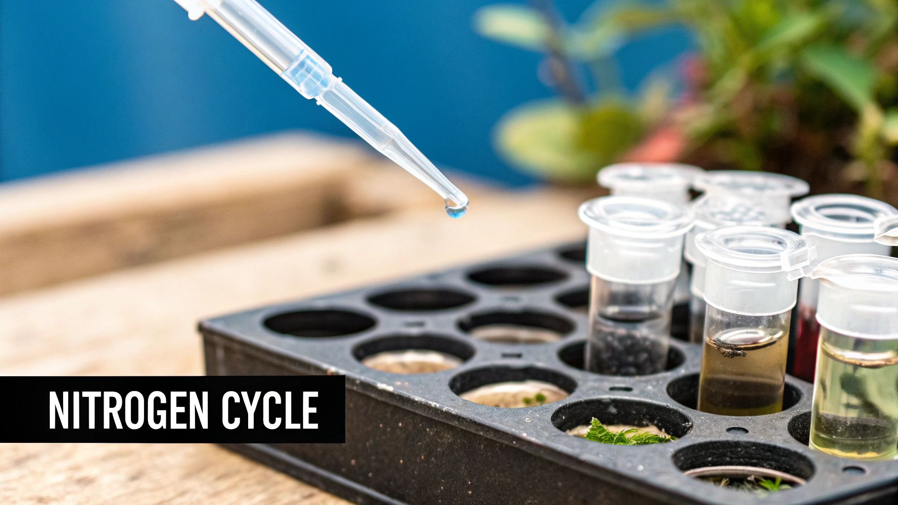 A close-up of beneficial bacteria test kits showing the progression of a healthy nitrogen cycle.