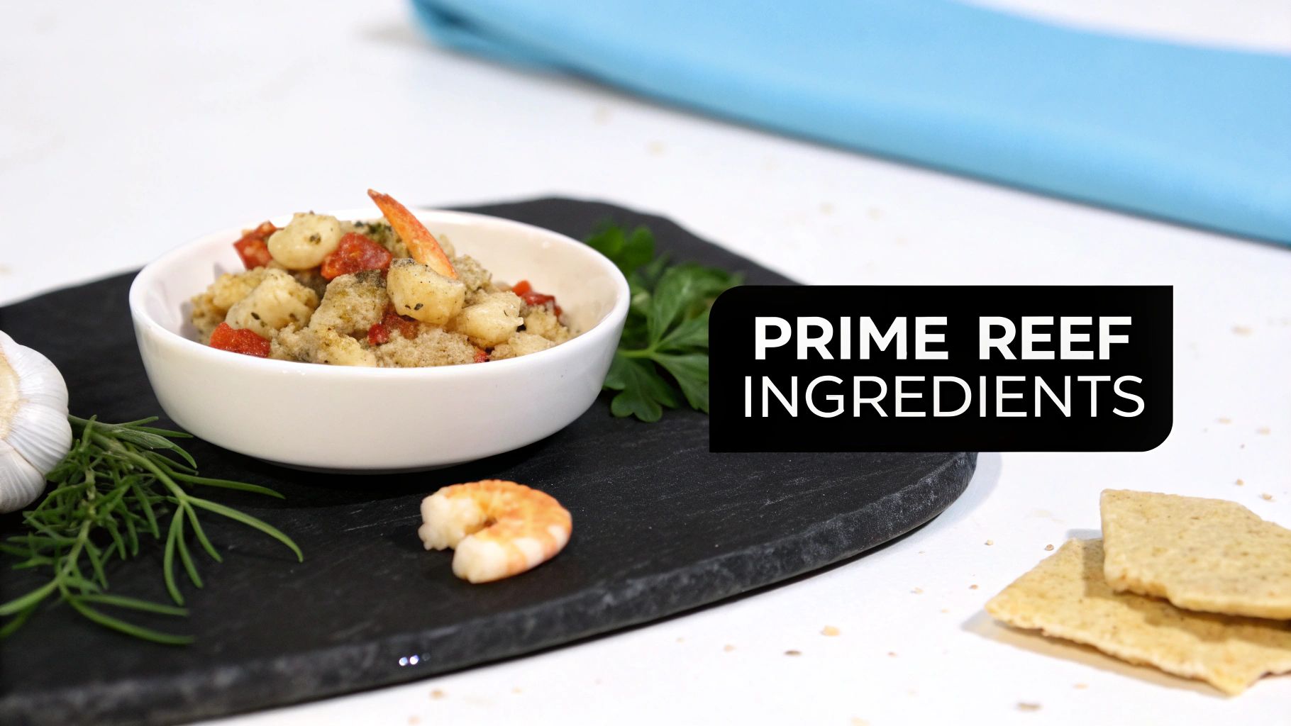 Delicious seafood dip with shrimp, tomatoes, garlic, and herbs served with crackers on a dark platter.