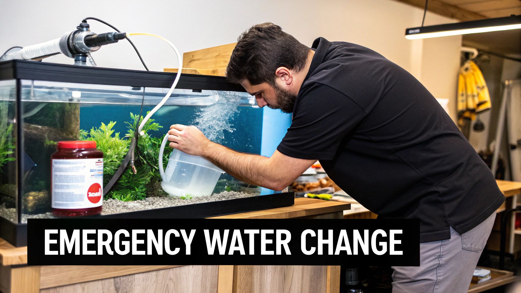 A man performs an emergency water change in a large fish tank, pouring water from a pitcher.