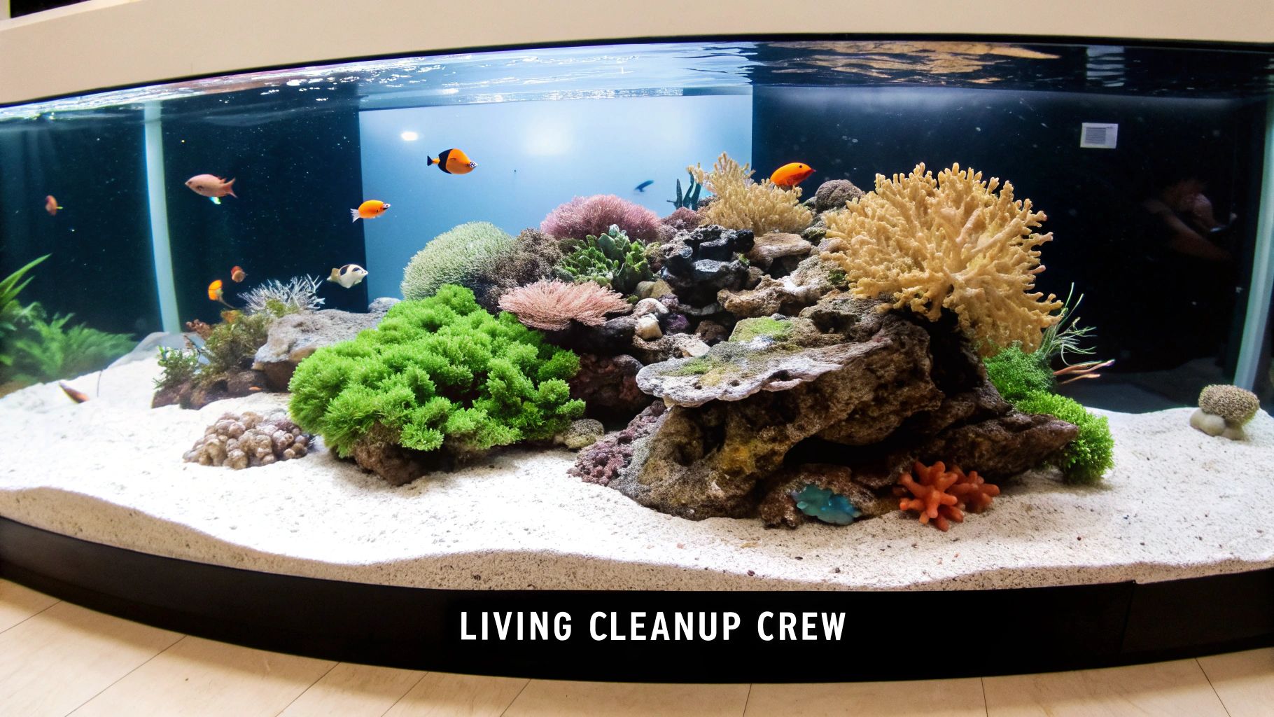 Colorful fish swim among live corals and rocks in a pristine marine aquarium.