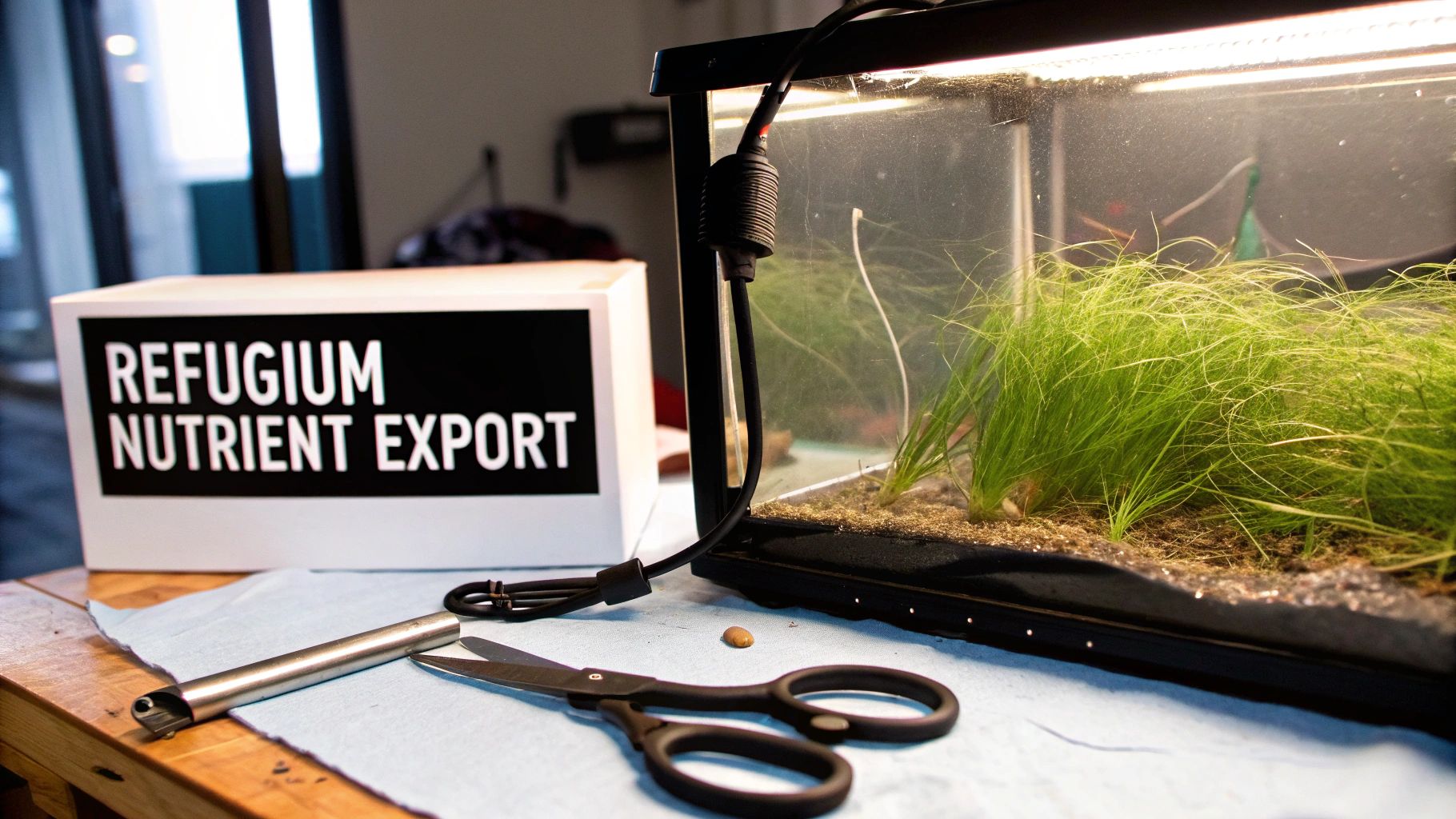 Illuminated aquarium with green plants, a 'Refugium Nutrient Export' sign, and tools on a table.