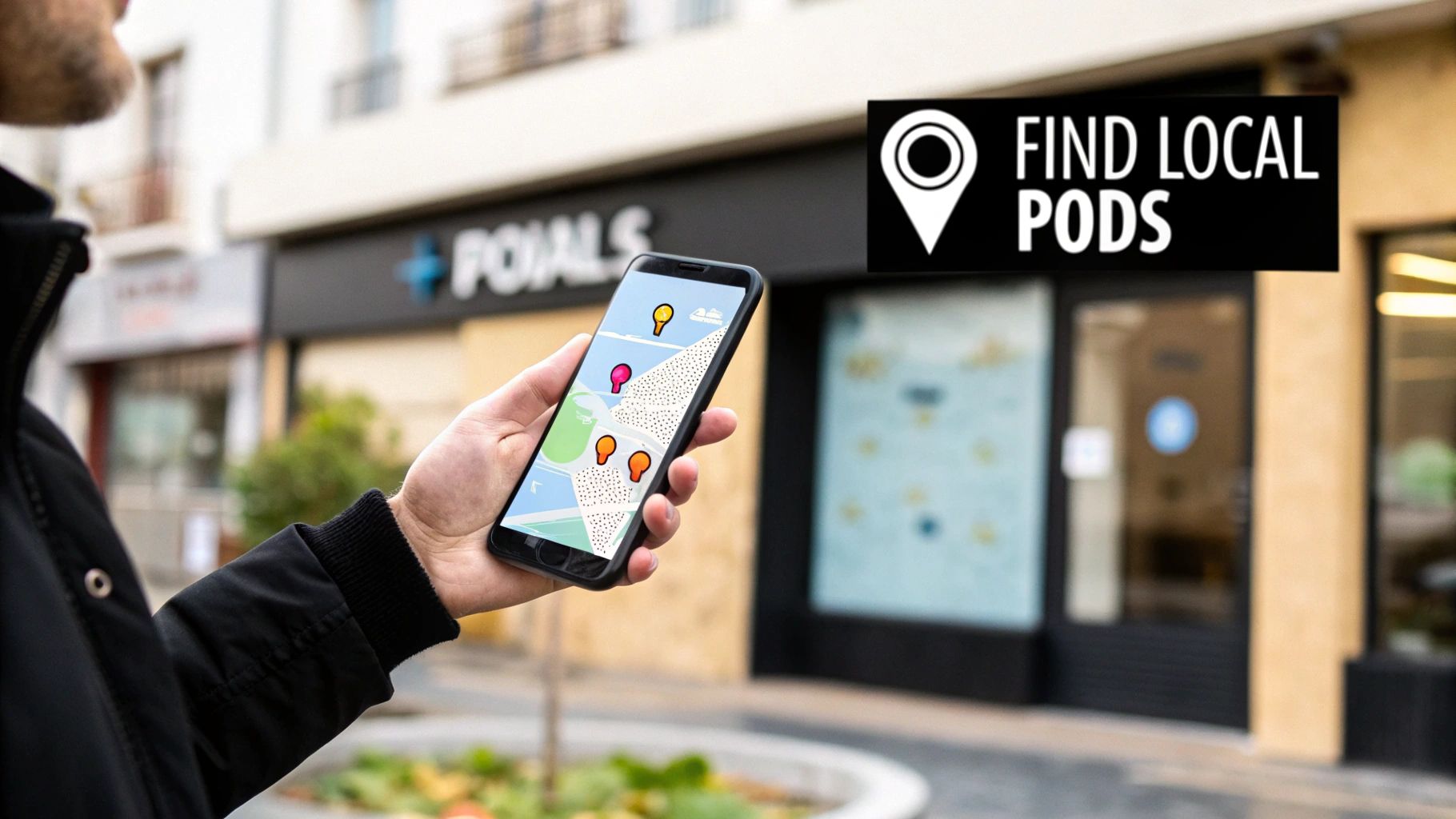 A person holds a smartphone displaying a map with colorful location markers to find local pods.