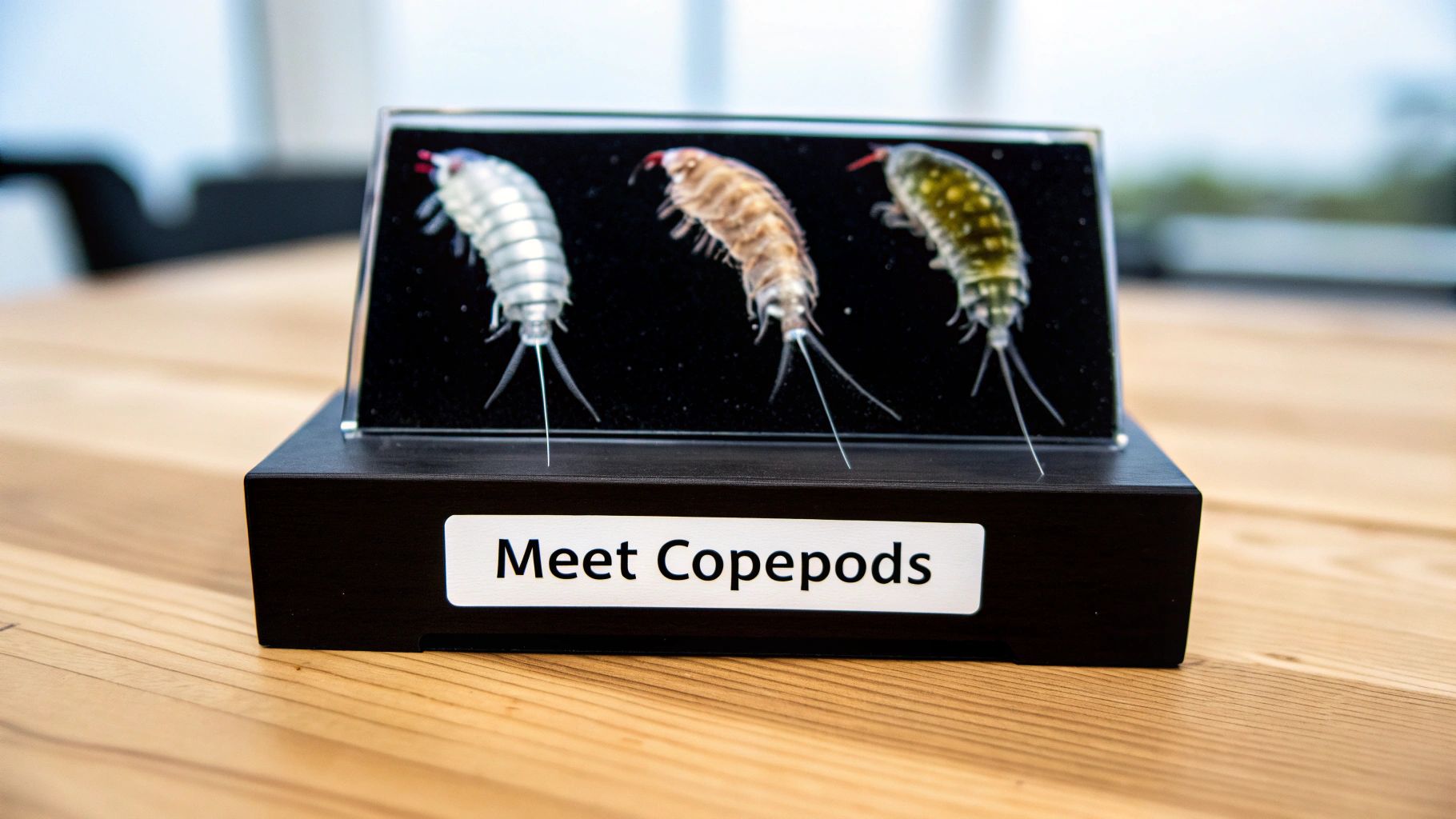 An educational display featuring three detailed models of copepods and a "Meet Copepods" label.