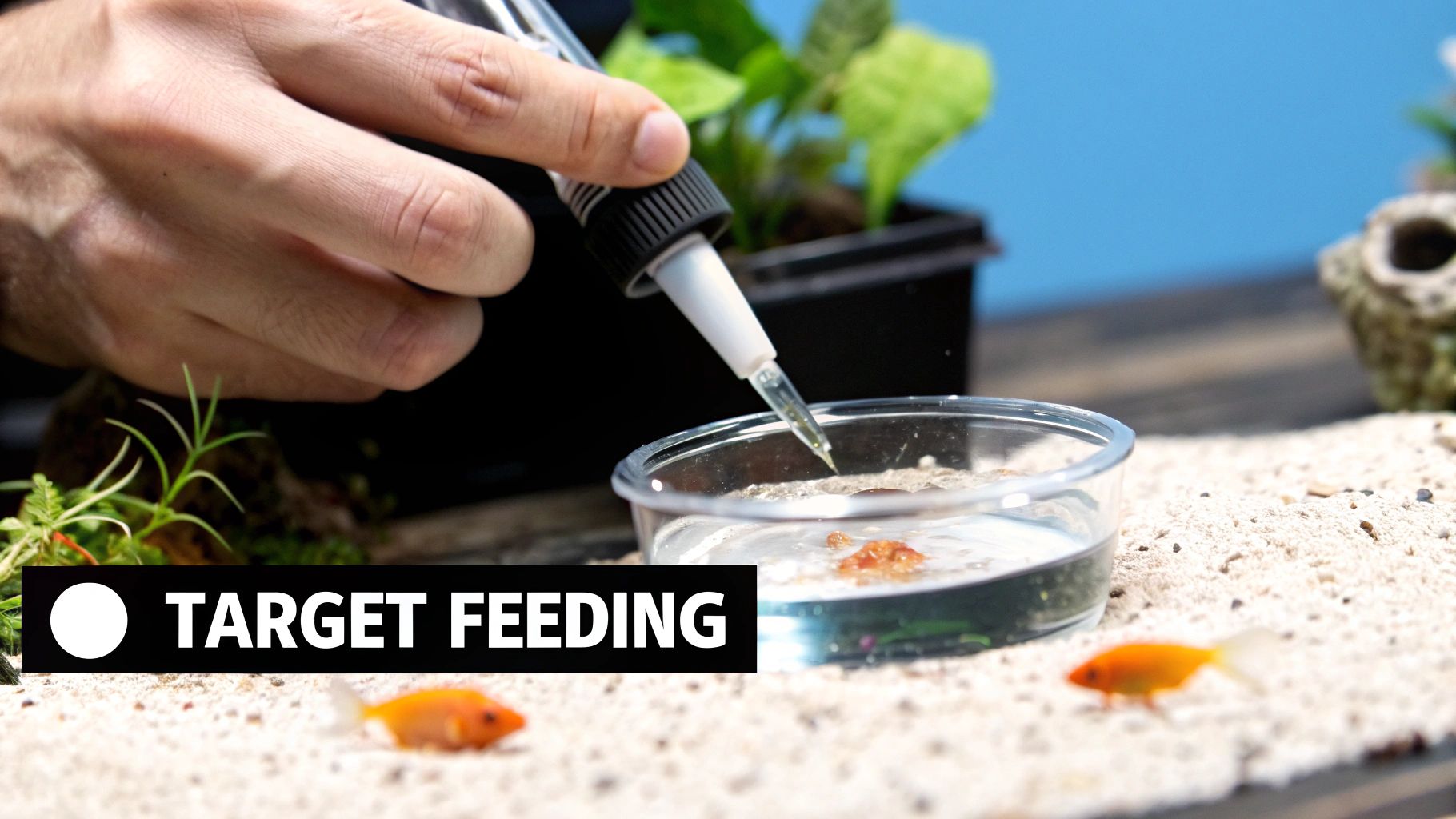 A reef hobbyist carefully target feeding a mandarin goby using a turkey baster.