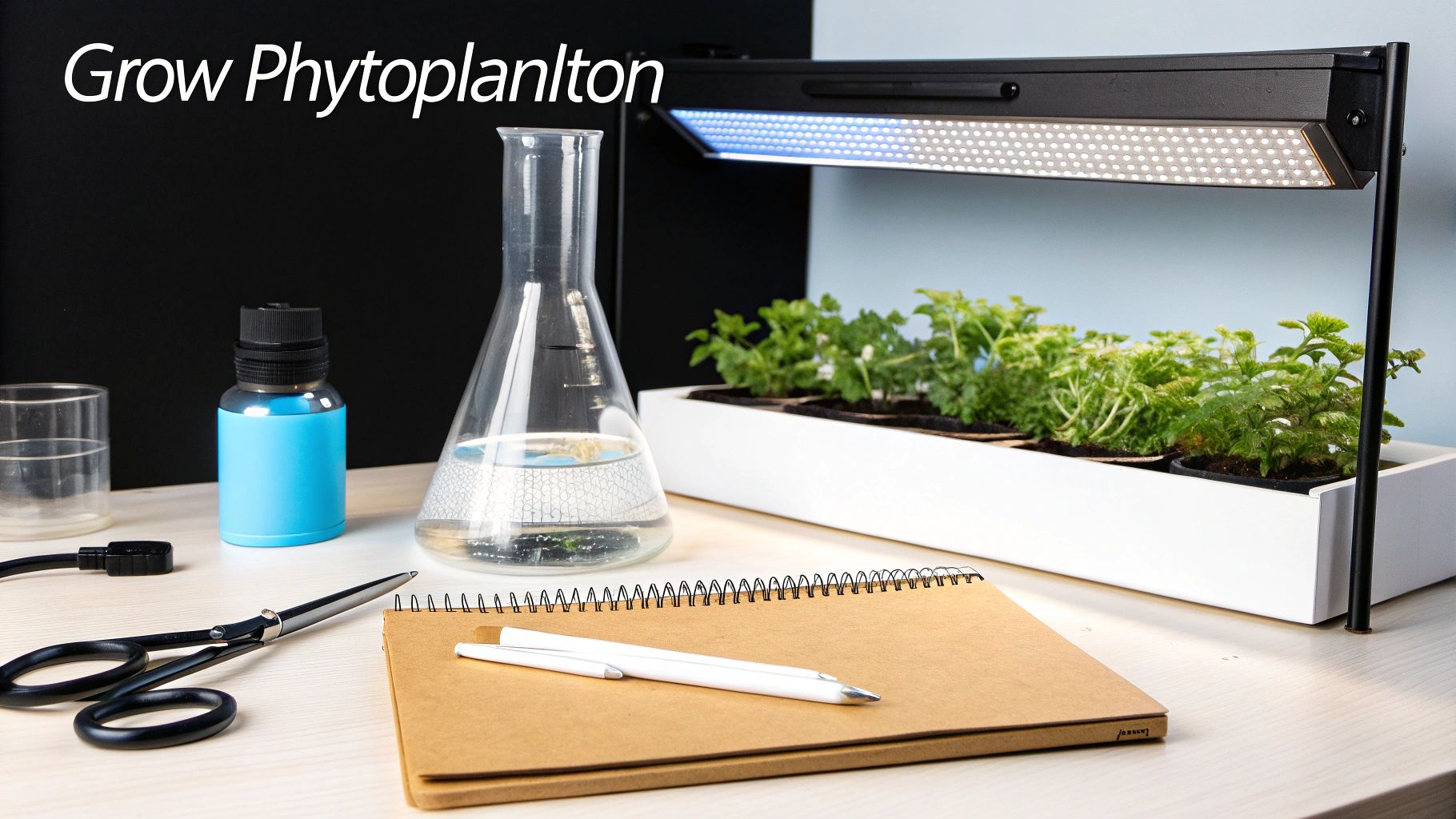 A desk setup for growing phytoplankton, featuring a grow light, plants, lab flask, and supplies.