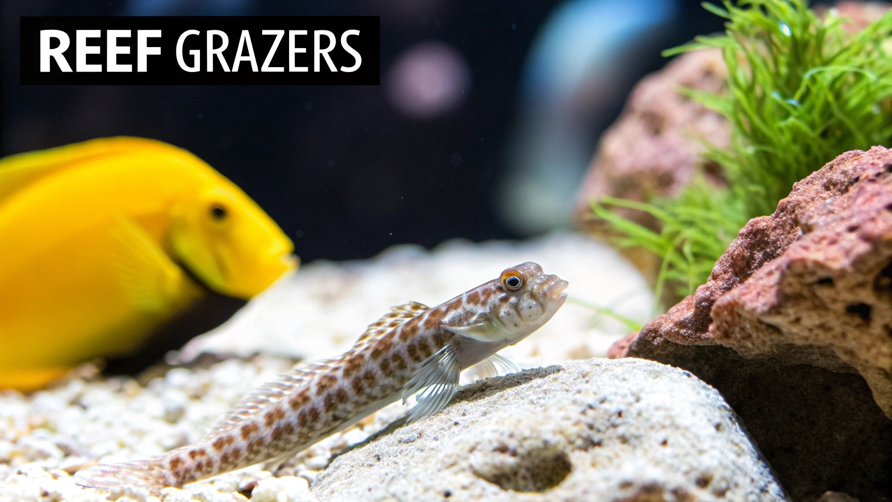 A yellow tang fish and a patterned goby in a clear reef aquarium with rocks and sand.
