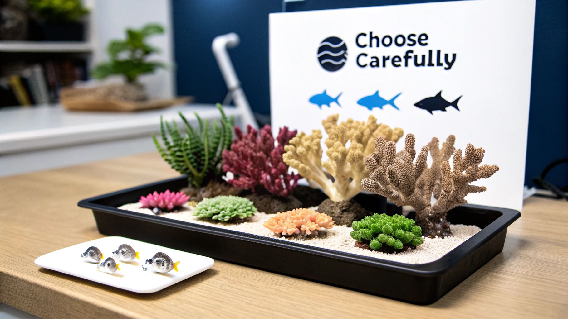A miniature coral reef display featuring colorful artificial corals, plants, sand, a 'Choose Carefully' sign, and fish figures.