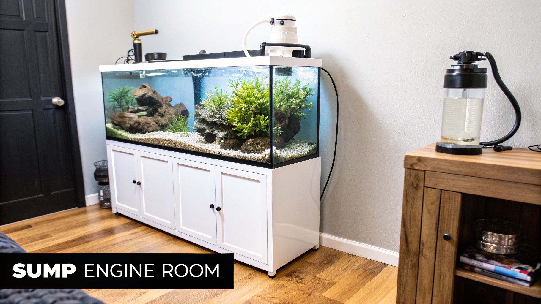 An organized saltwater sump with various filtration equipment, including a protein skimmer and return pump, running smoothly under a reef tank.