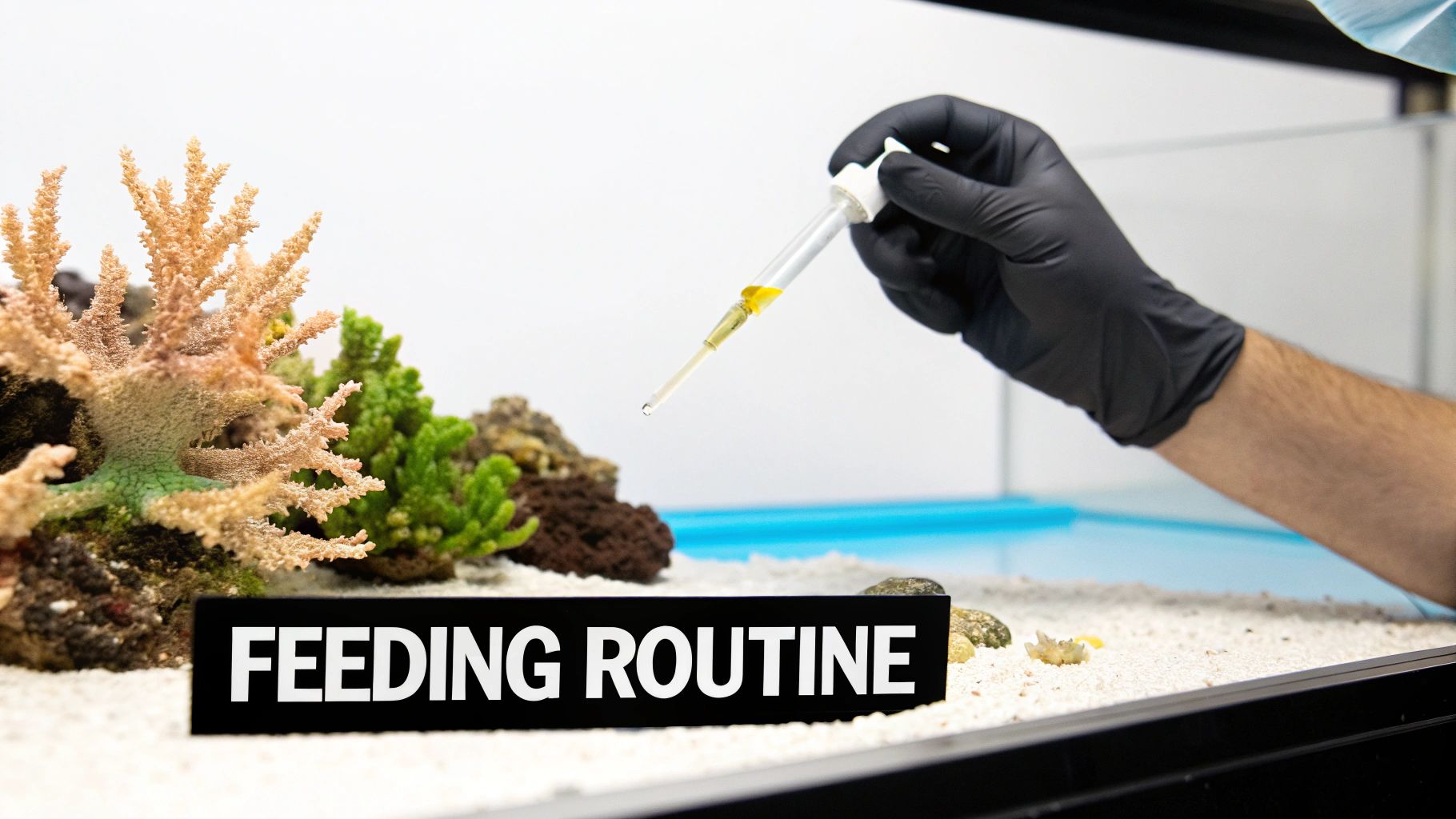 A gloved hand uses a dropper to add yellow liquid food to a vibrant coral aquarium.