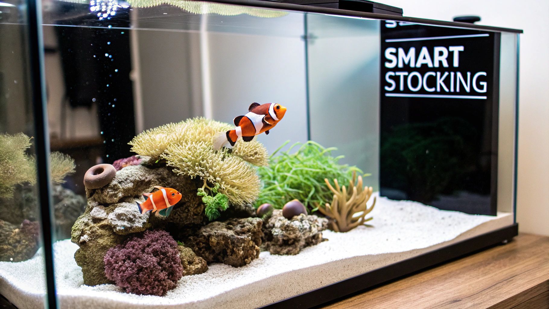 A vibrant reef aquarium features two clownfish, various corals, and clear white sand.