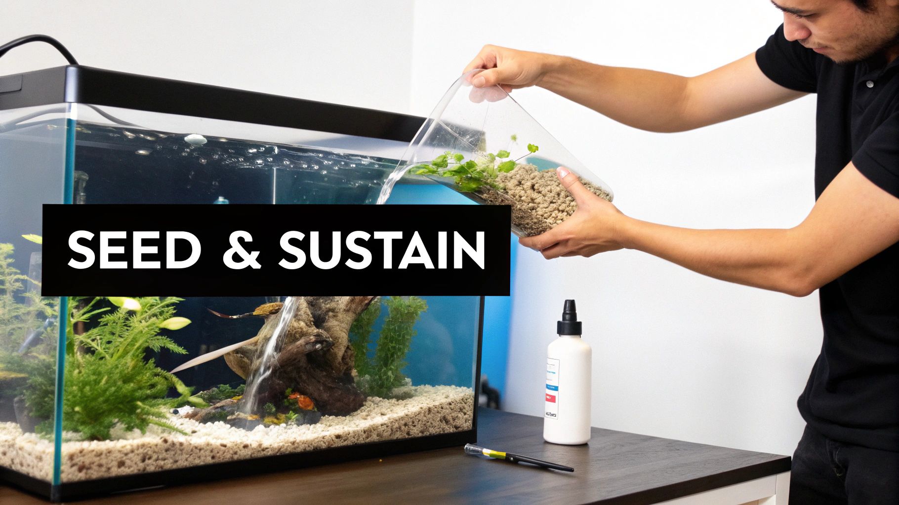 A person pours substrate with live plants into a flourishing aquarium, showing the 