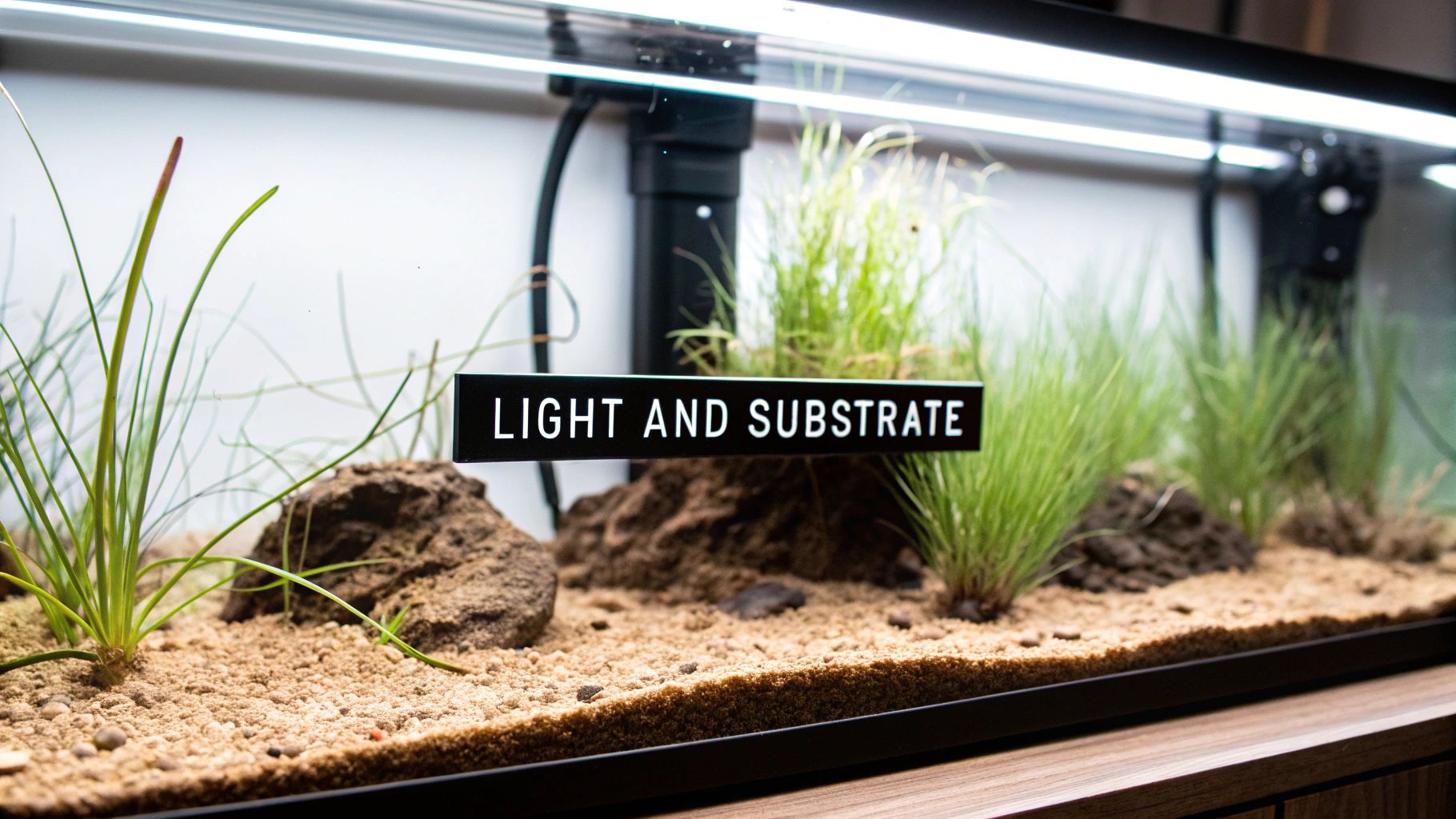 An aquarium displaying diverse green aquatic plants, sandy substrate, and a sign stating "LIGHT AND SUBSTRATE".