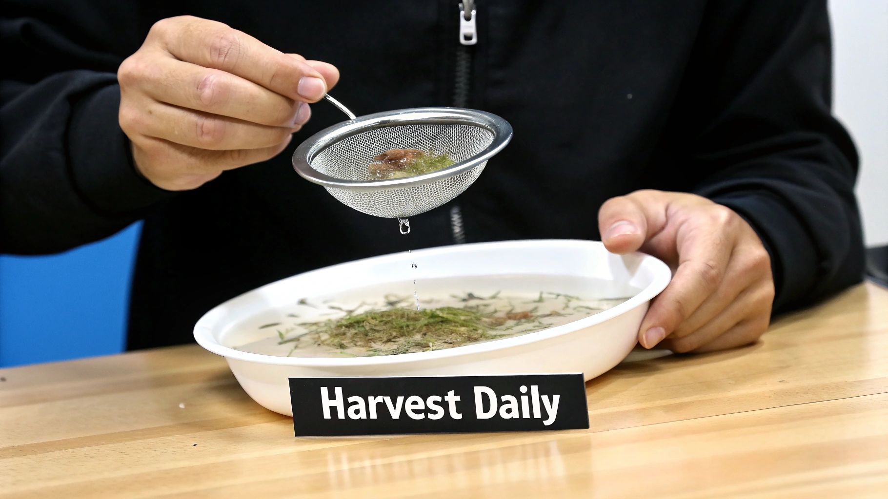 A person uses a small sieve to filter aquatic organic material over a white bowl with water, labeled "Harvest Daily".