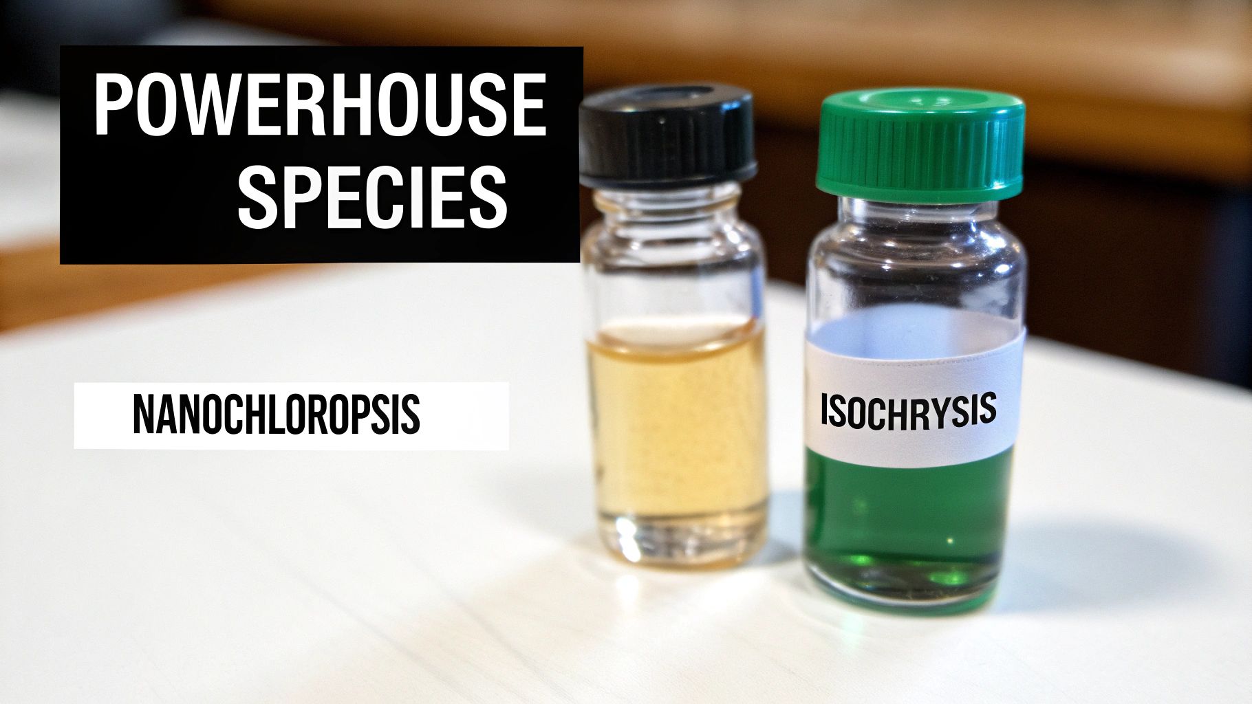 Two vials labeled Nannochloropsis (yellowish) and Isochrysis (green), representing powerhouse phytoplankton species.