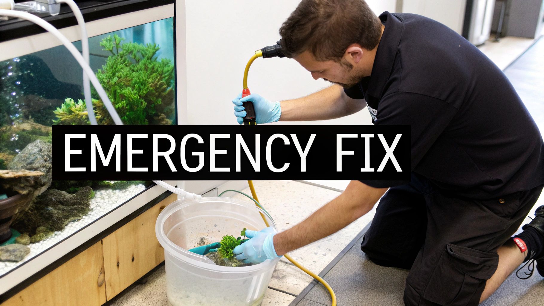 A man in blue gloves performs an emergency fix, cleaning an aquarium and siphoning water.