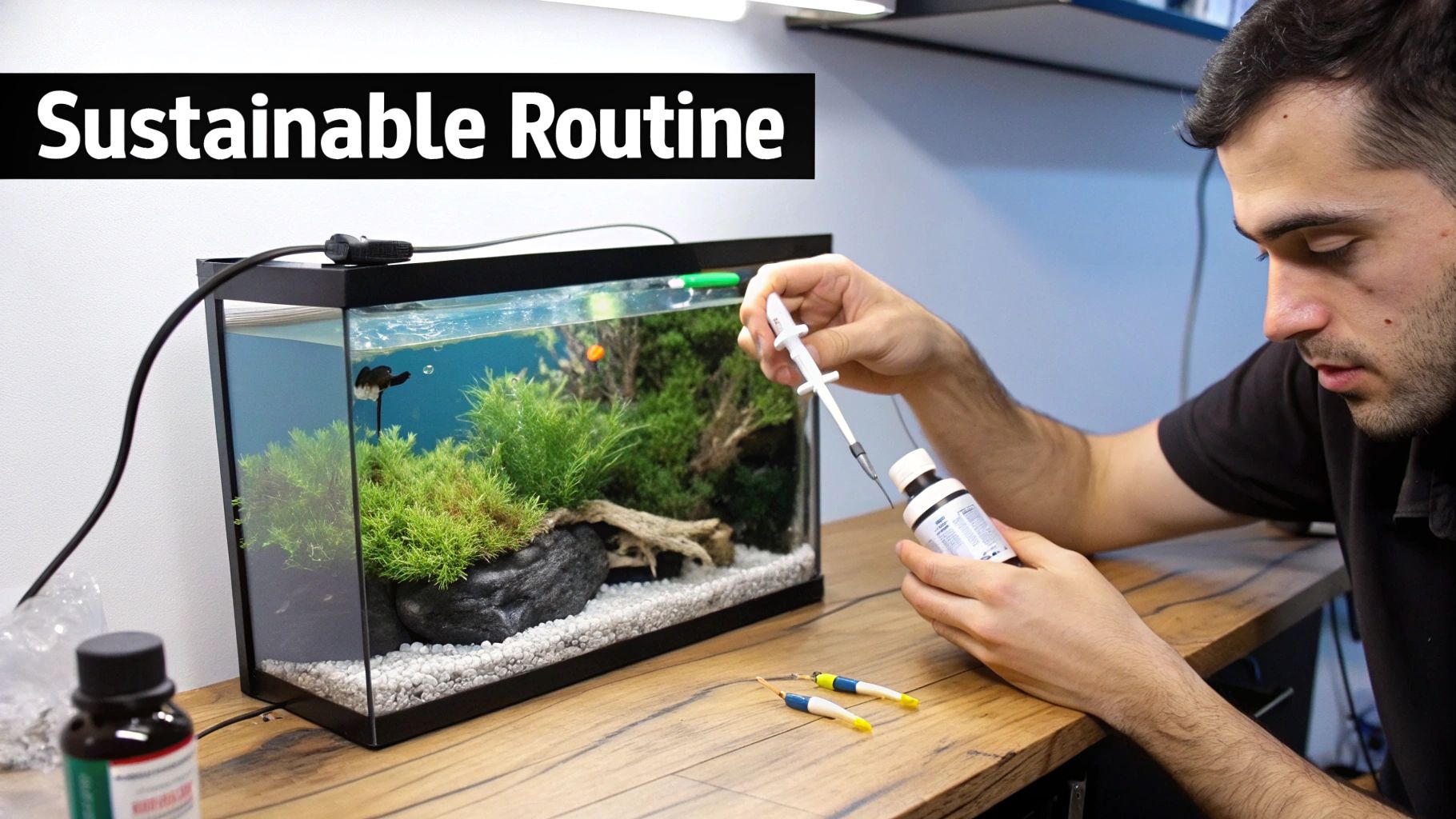 A man adds liquid to a vibrant planted aquarium with a black fish, practicing a sustainable routine.