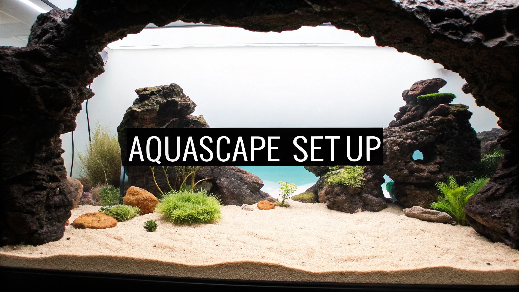 A hobbyist carefully placing rocks to create an aquascape in a new reef tank.
