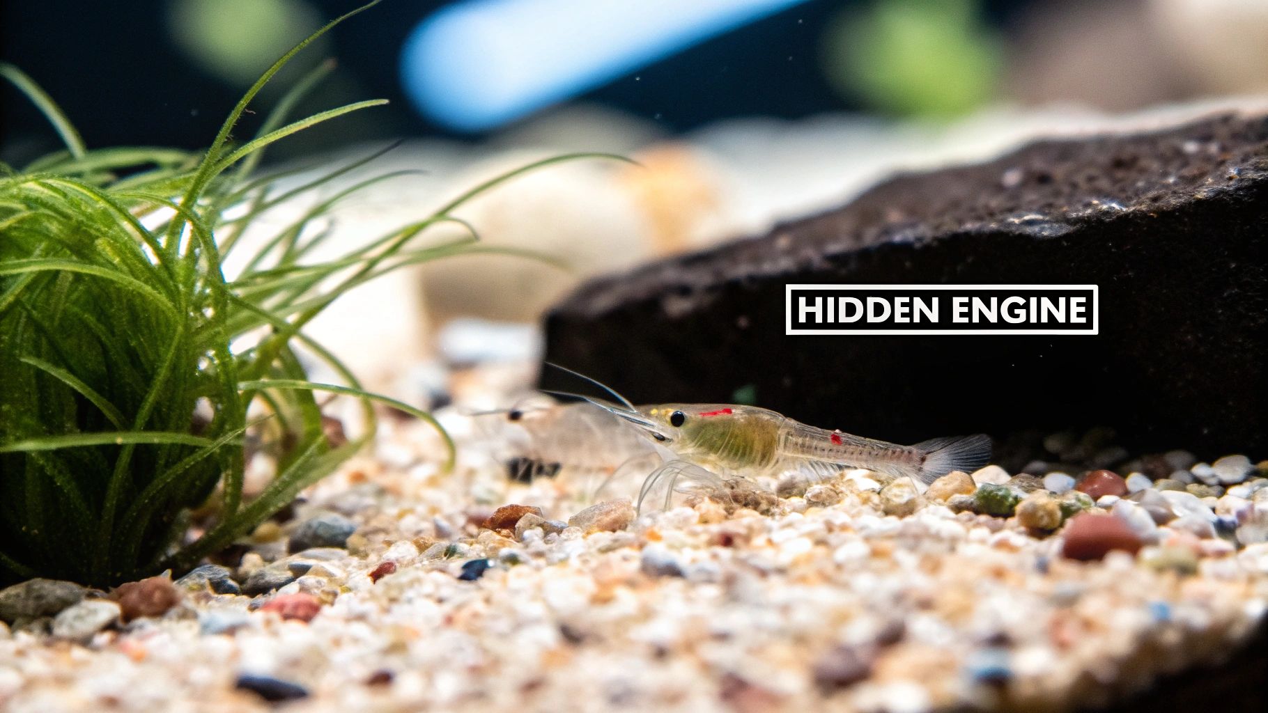 A close-up of a clear shrimp with red spots in an aquarium, surrounded by sand, small rocks, and green plants.