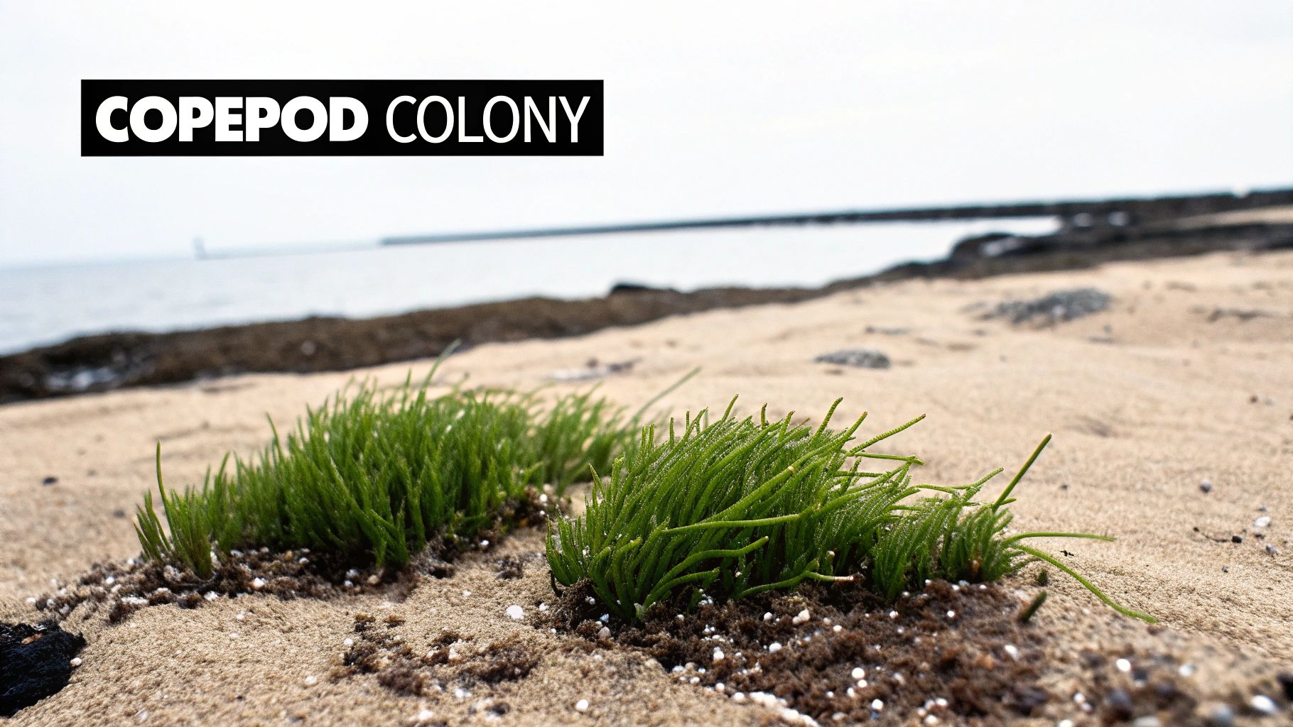 A macro shot of copepods swarming on a piece of live rock.