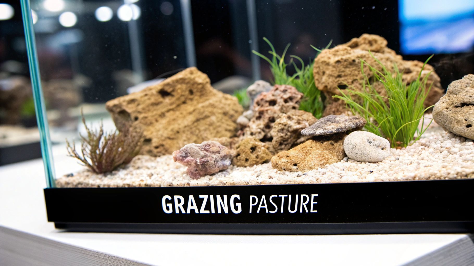 Aquarium display showing grazing pasture setup with rocks, sand substrate, and green plants for marine fish