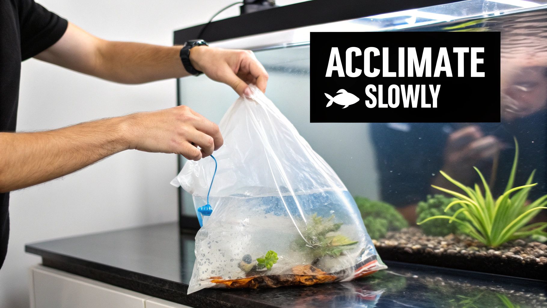 A person holding a clear plastic bag with fish and plants over an aquarium, with text 'ACCLIMATE SLOWLY'.