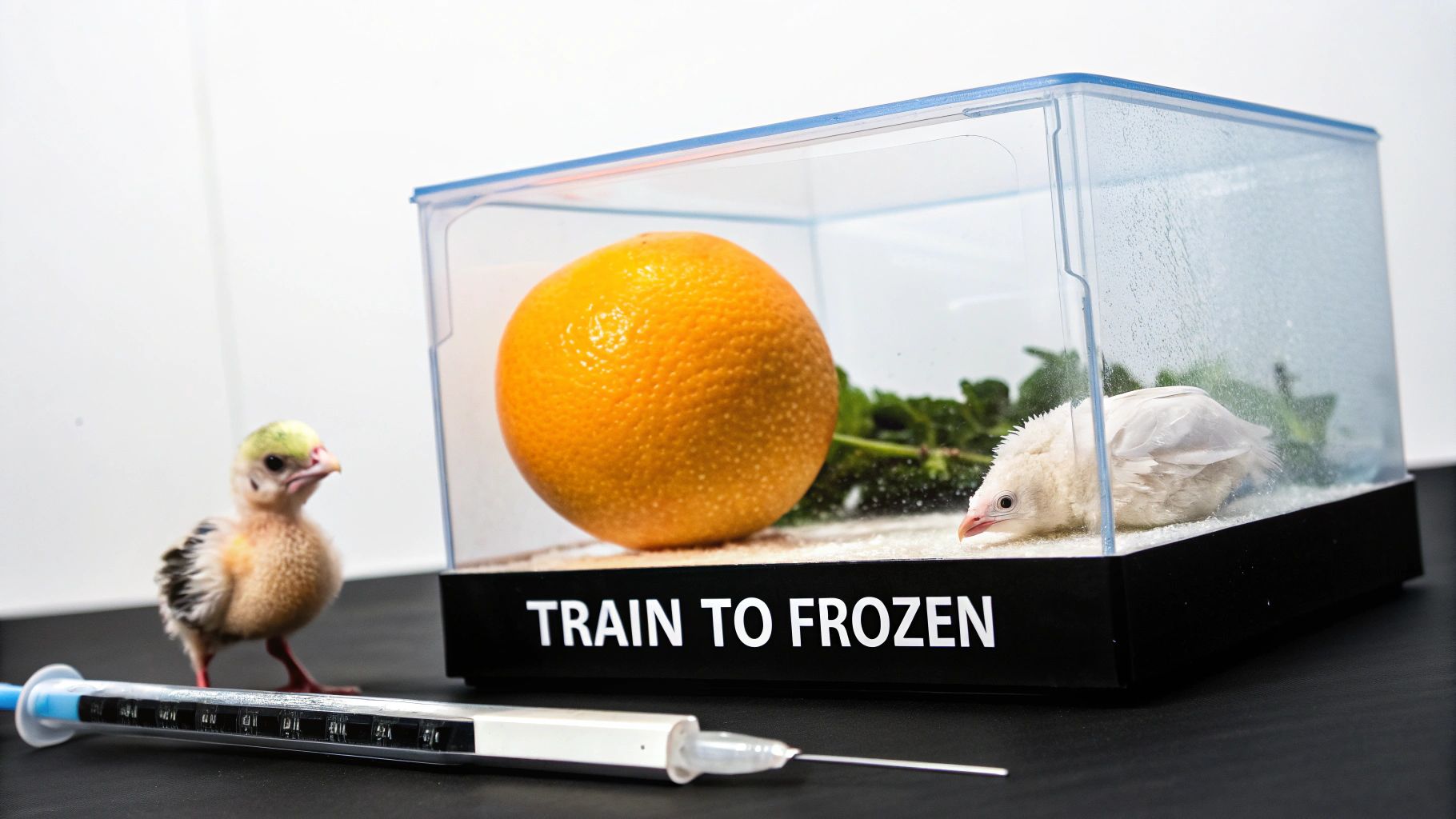 A curious chick observes a white bird and orange in a container labeled 'TRAIN TO FROZEN', near a syringe.