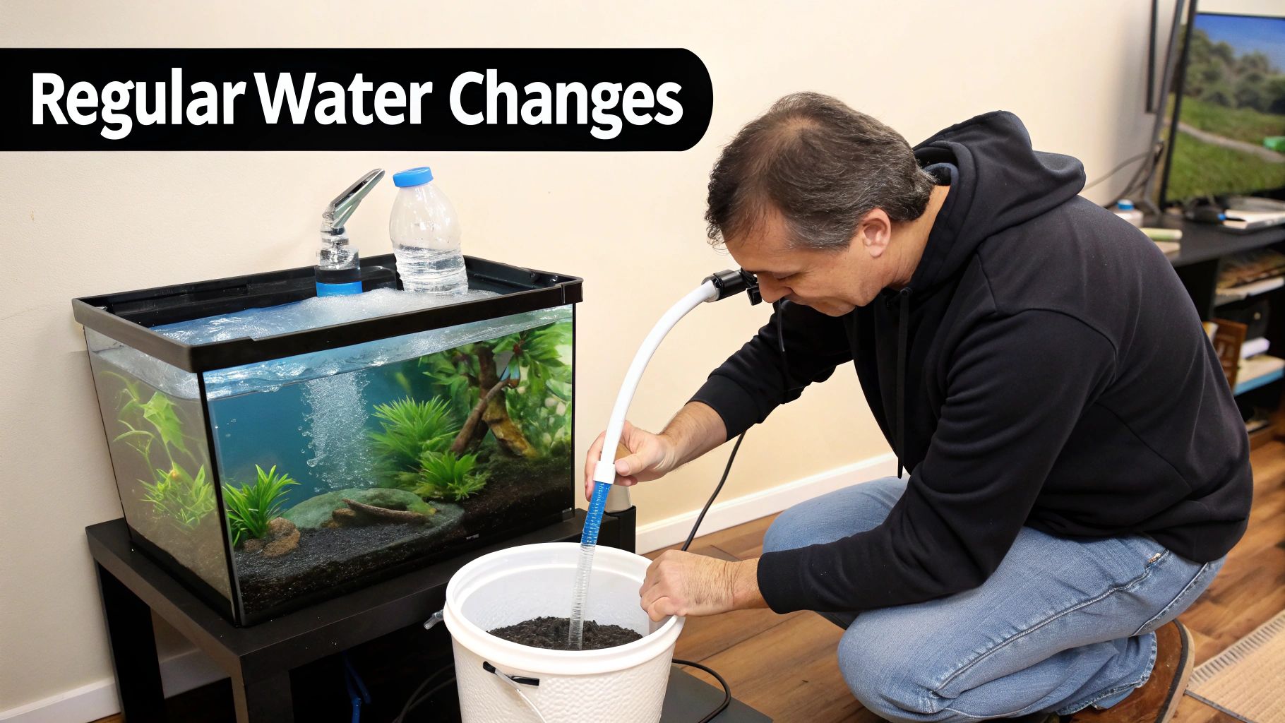 Person performing a water change in a saltwater aquarium with a siphon.