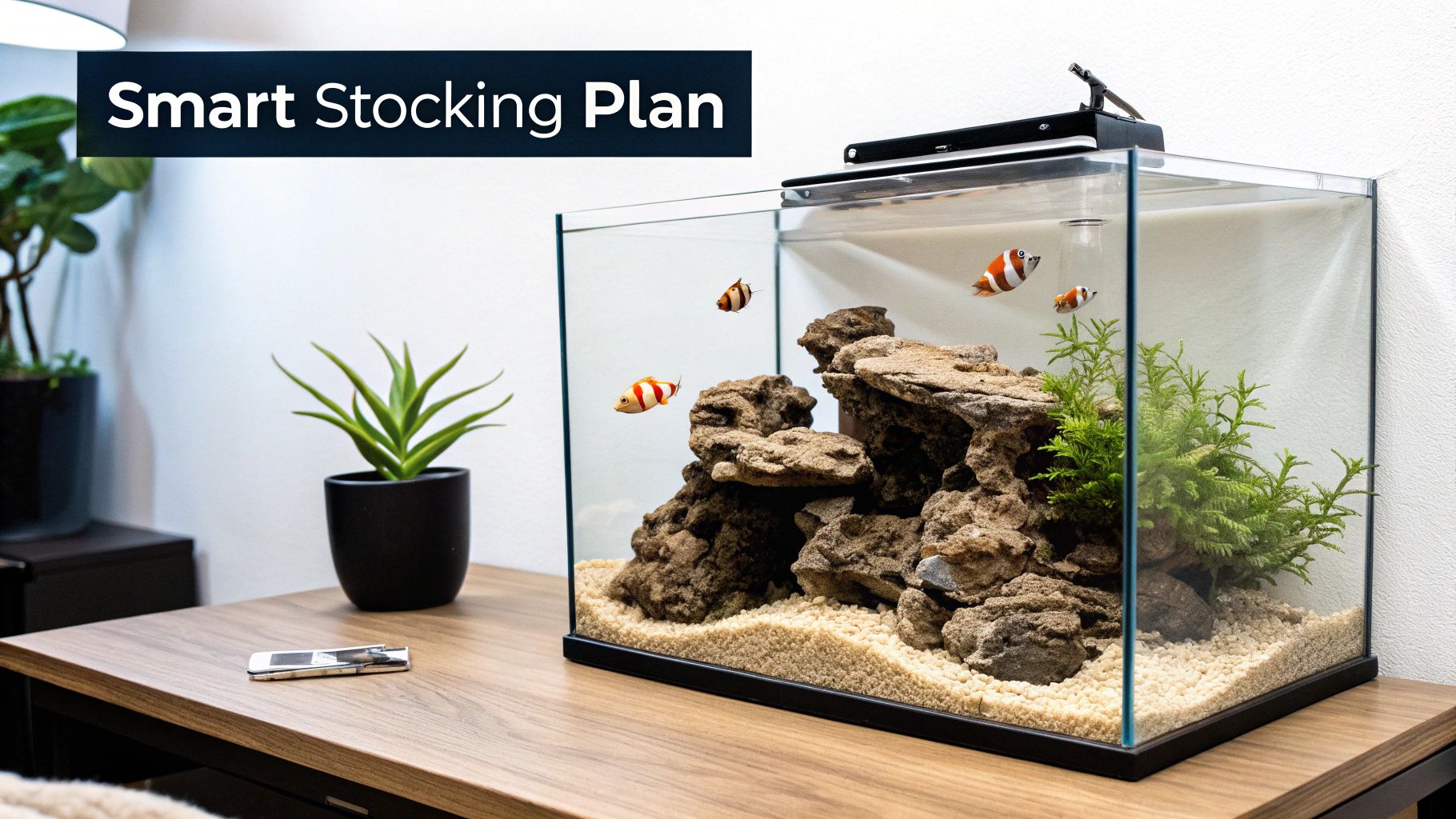 A small nano reef aquarium with striped fish, rocks, sand, and plants on a wooden desk.