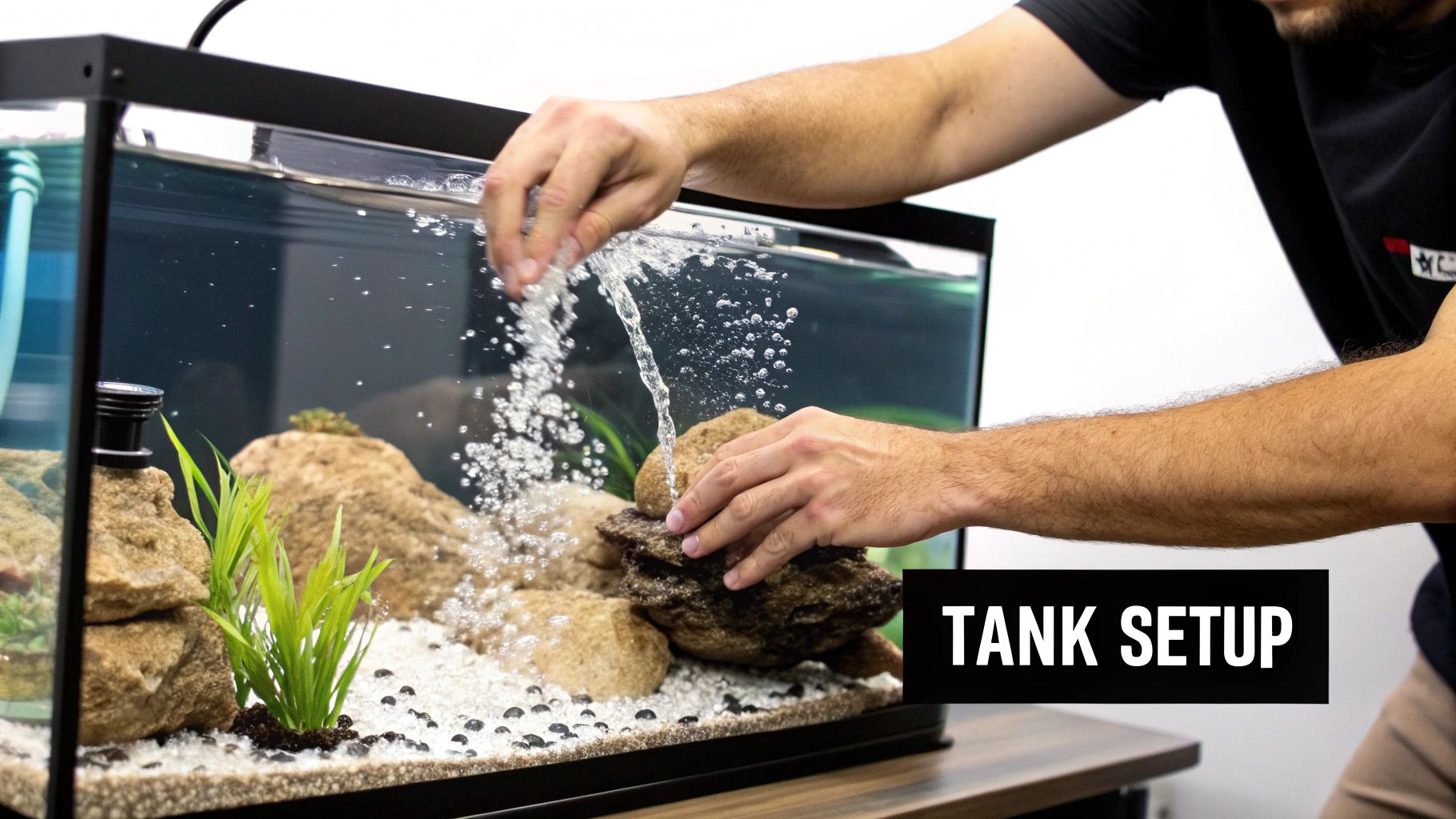 A person's hands pouring water into a freshwater aquarium with decorative rocks and plants during setup.