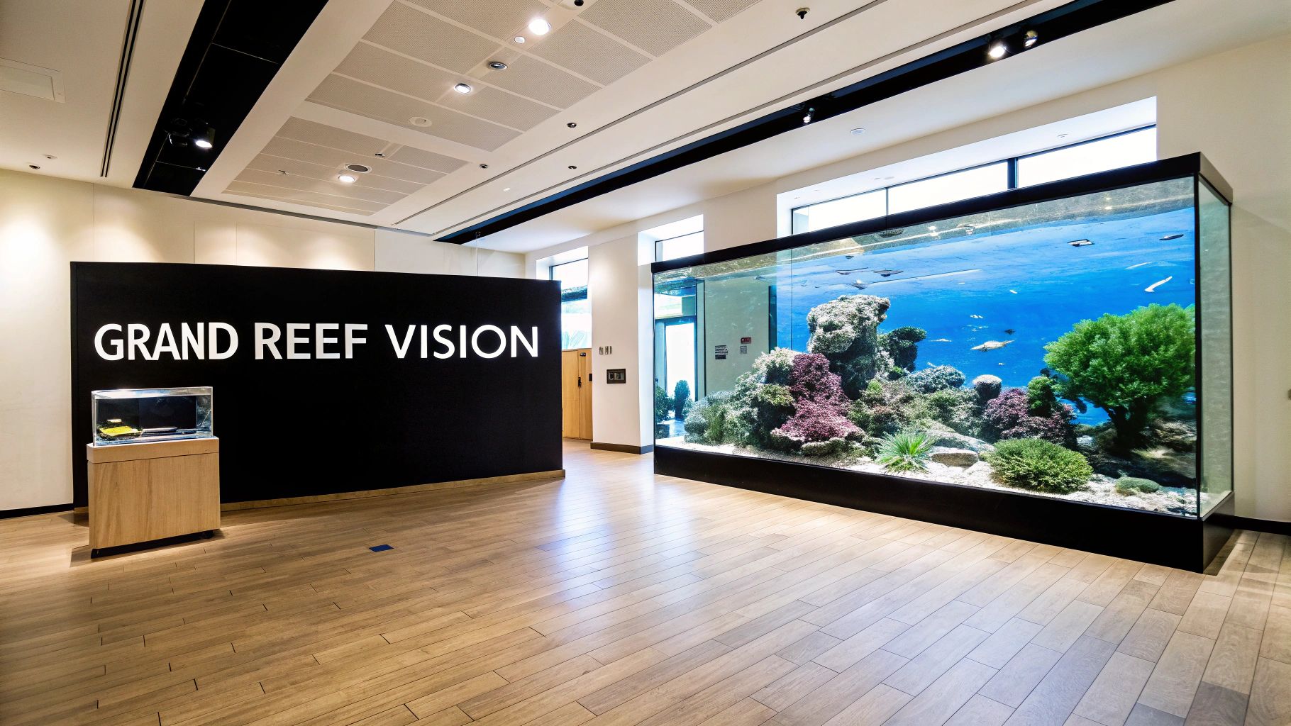 A large, vibrant reef aquarium filled with live corals and fish in a modern exhibition hall.