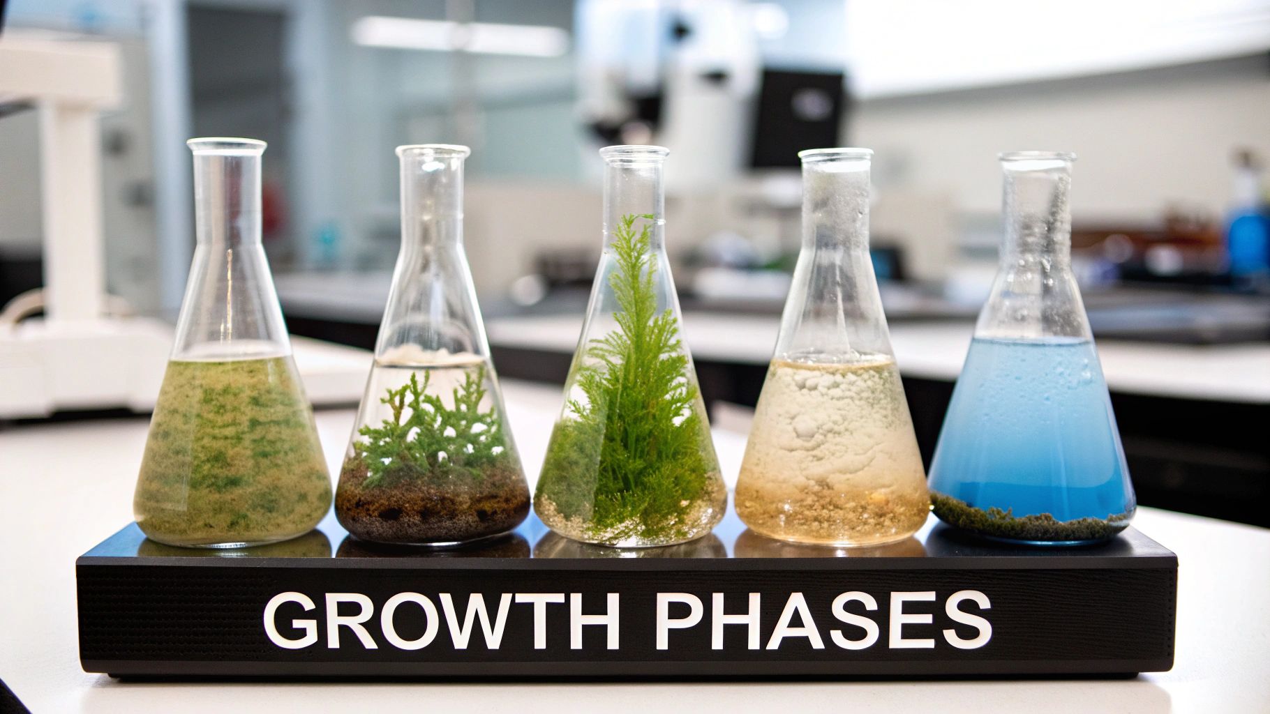 Five lab flasks display different aquatic plant growth phases on a 'GROWTH PHASES' stand in a scientific setting.