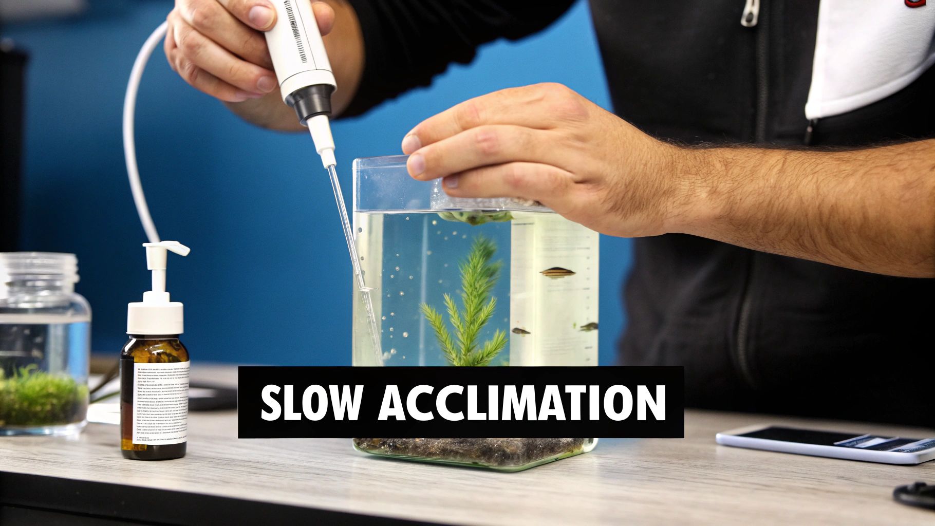 A person uses a dropper to slowly acclimate fish in a small aquarium with water plants.