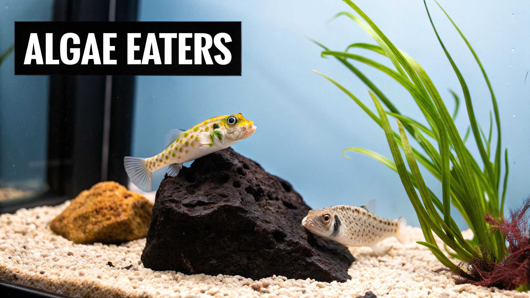 Two spotted algae eating fish resting on black volcanic rock in saltwater aquarium