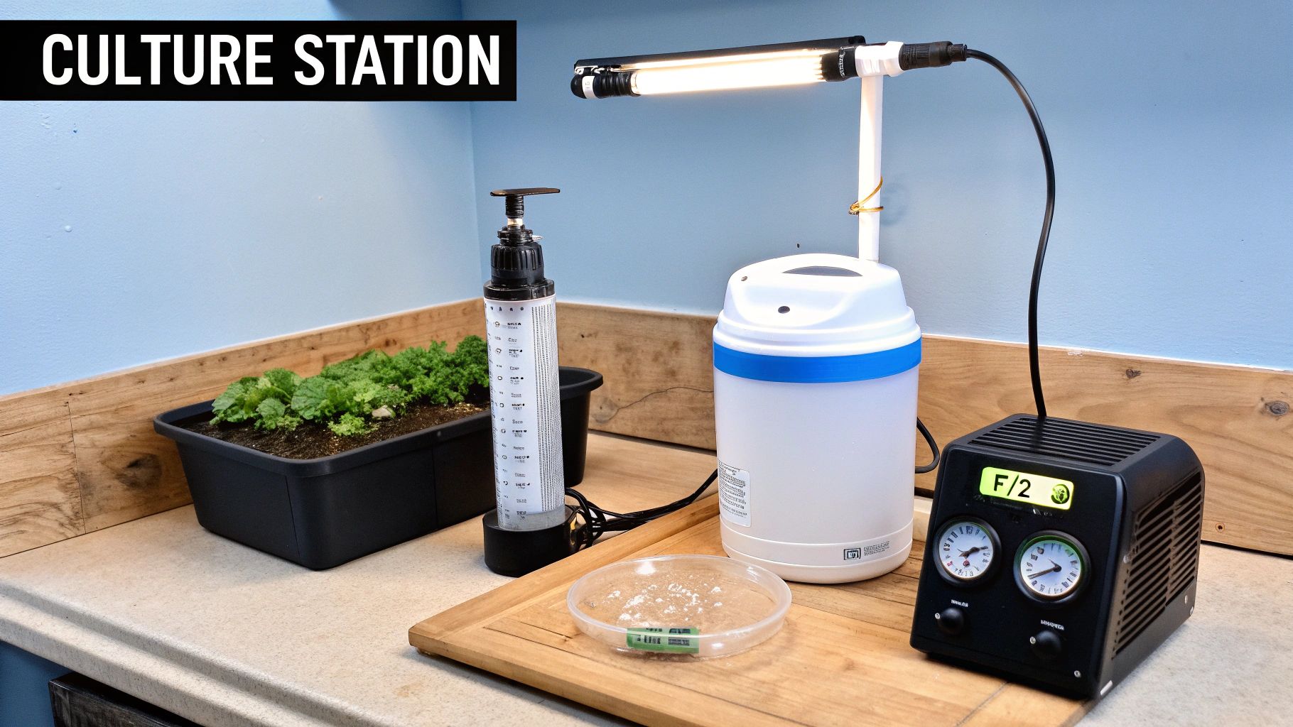 A simple home setup for culturing phytoplankton, showing bottles, an air pump, and a light source.