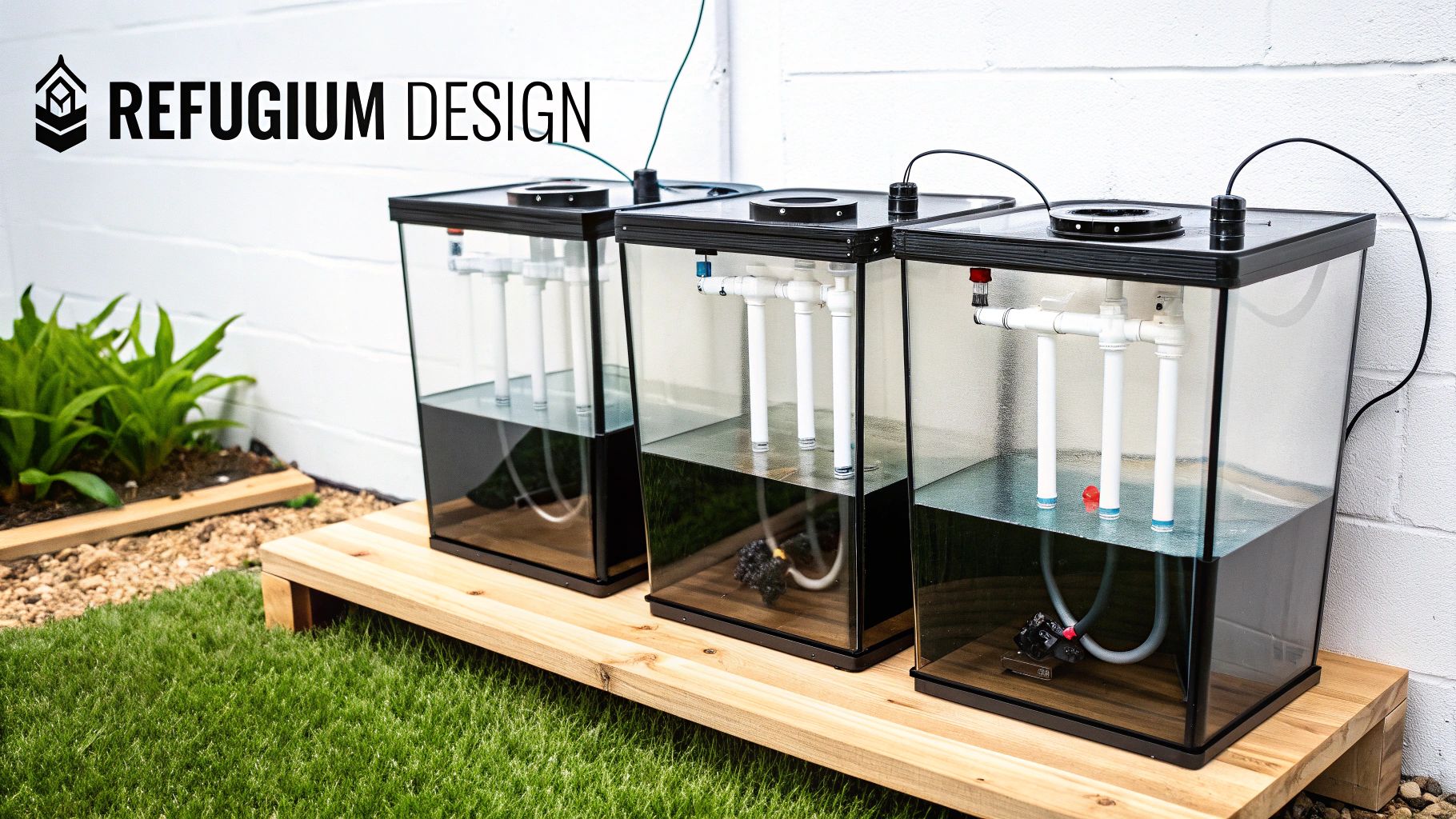 Three clear refugium tanks with internal PVC piping and pumps displayed outdoors on a wooden stand.