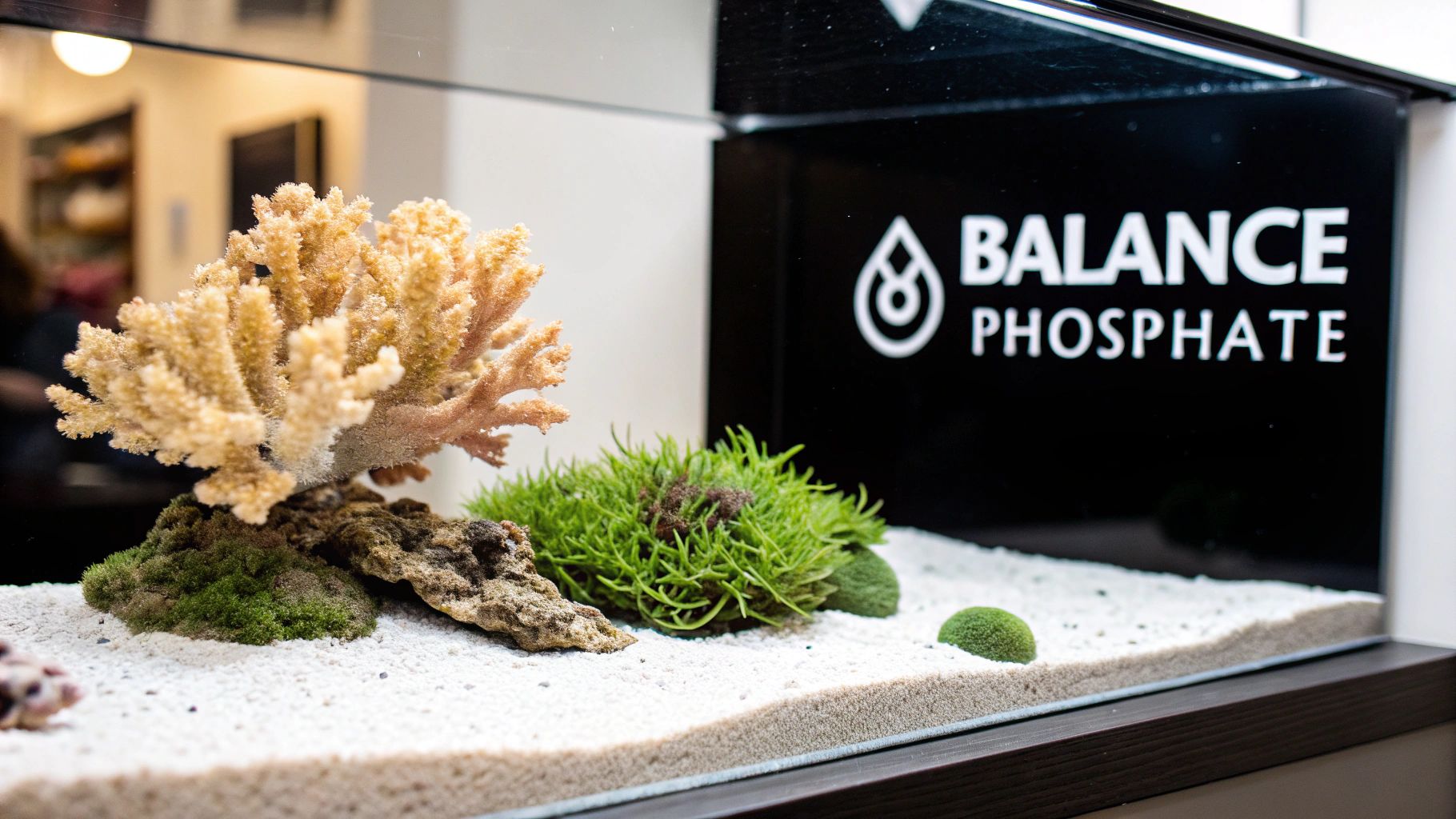 A clear aquarium with white sand, an artificial coral, green aquatic plants, and a 'BALANCE PHOSPHATE' sign.