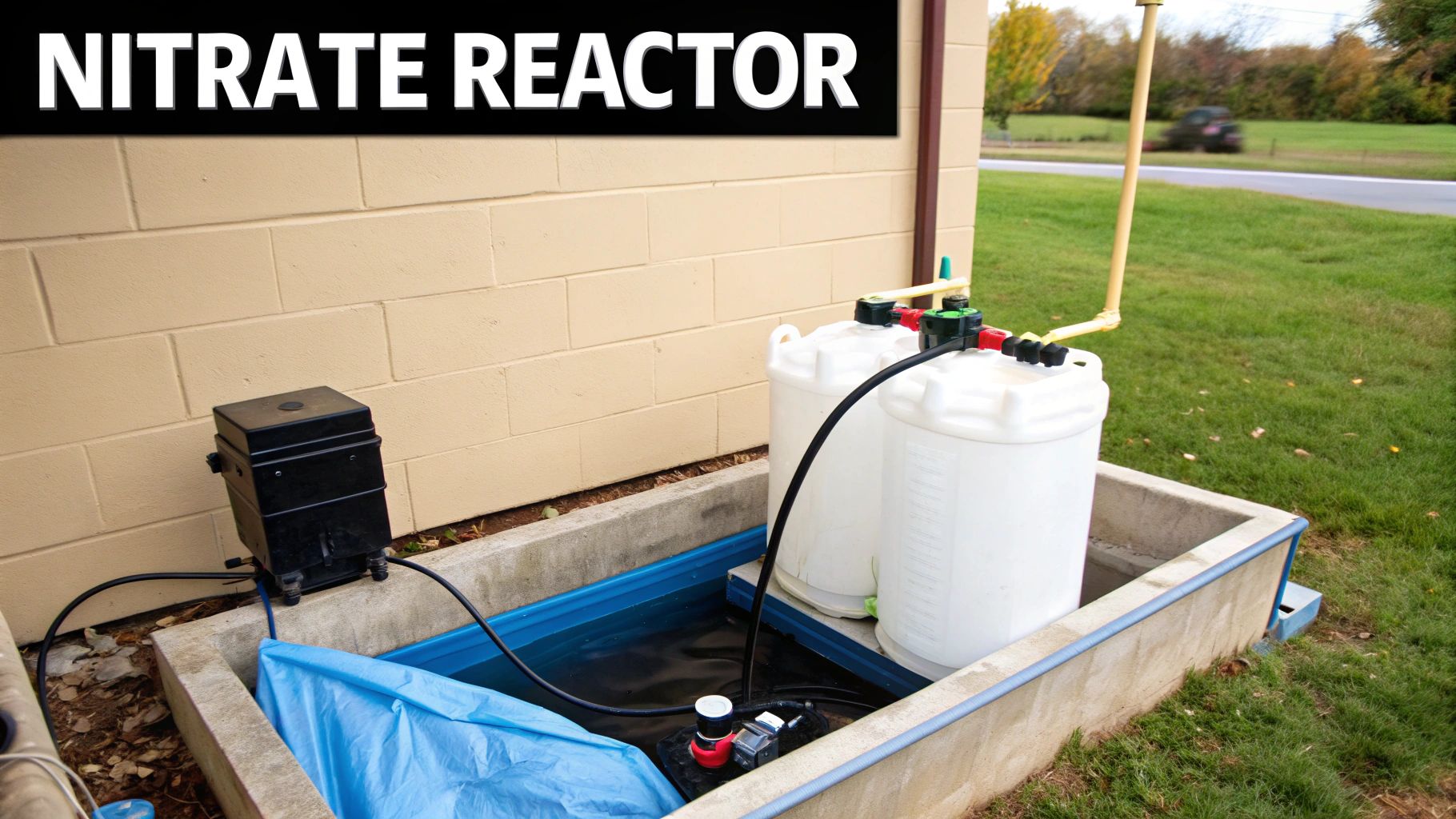 An outdoor nitrate reactor system with white tanks, pumps, and tubing inside a concrete basin.