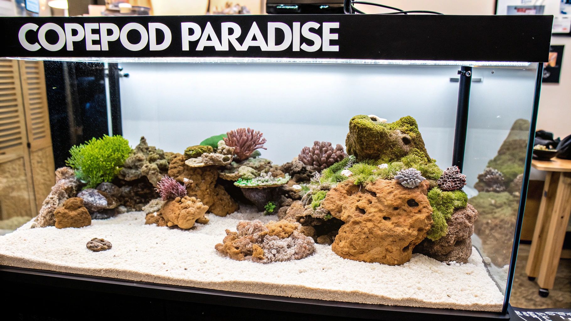 Copepod Paradise aquarium display featuring coral rock formations, moss, and white sand substrate for marine life