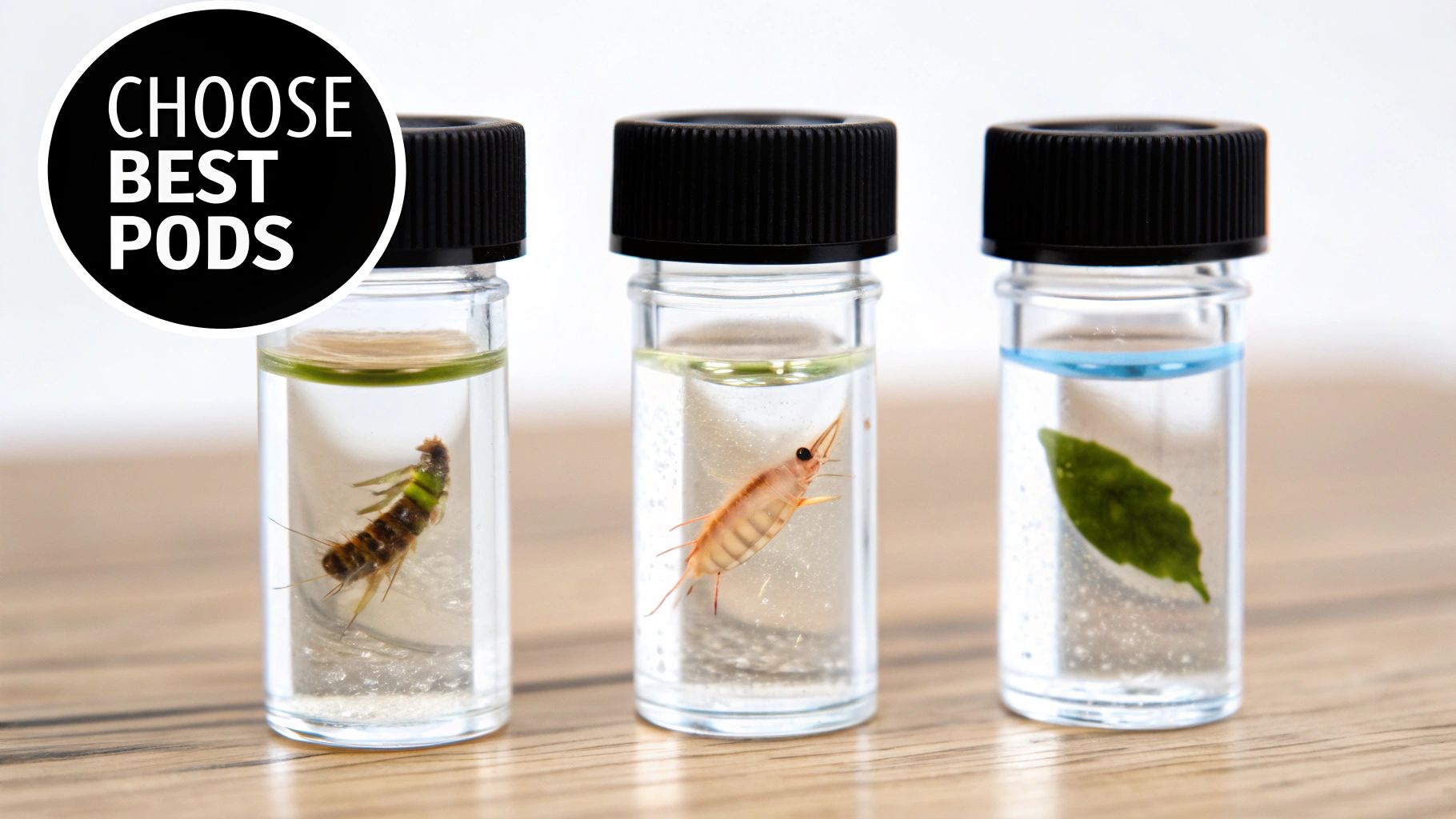 Three clear glass vials showcasing preserved aquatic organisms and a leaf, labeled 'Choose Best Pods'.