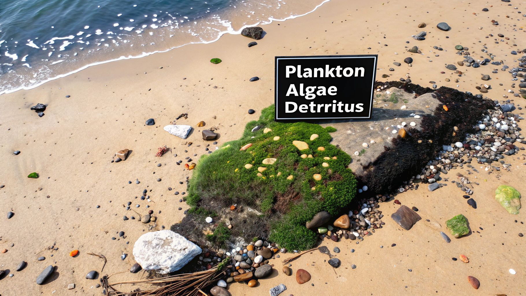 A close-up of a shrimp on a piece of coral, surrounded by small particles in the water.