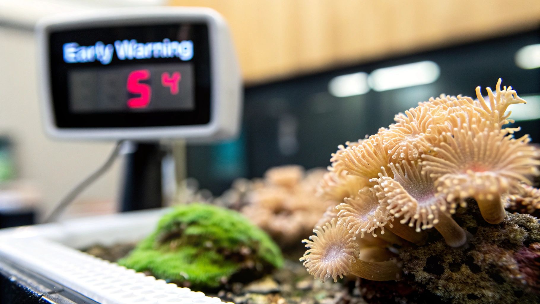 An aquarium with an 'Early Warning 54' display in the background and vibrant soft corals in the foreground.